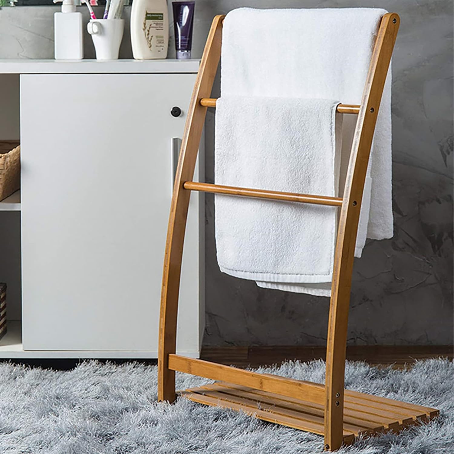 Toallero de bambú, 3 capas de perchas de ropa para el hogar, toallero independiente para suelo de baño, sostiene toallas de baño y toallas de mano,