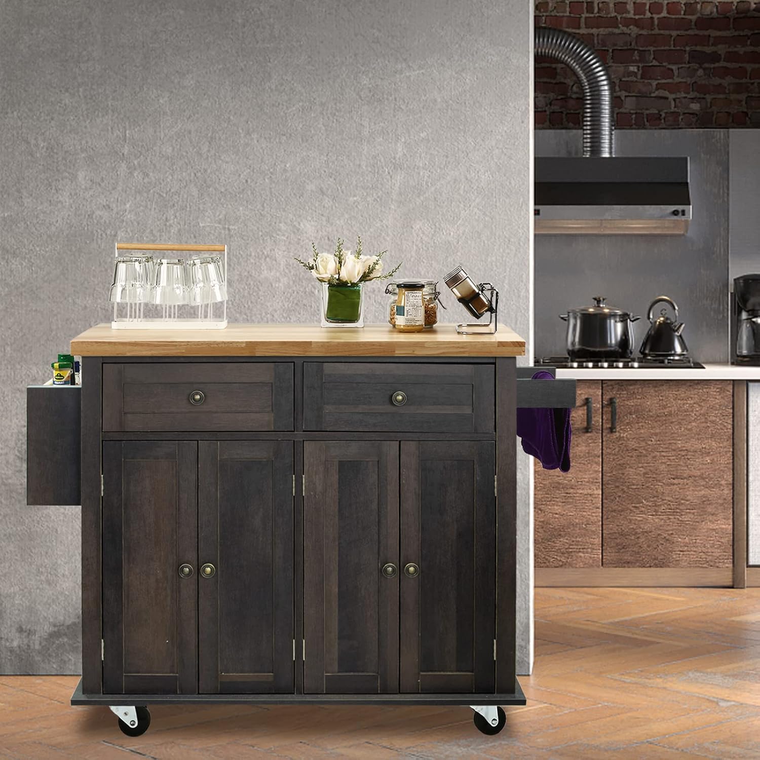 NSdirect Carrito de isla de cocina, barra de cocina y carrito de servicio, ruedas con estante para especias, toallero, carrito de almacenamiento con