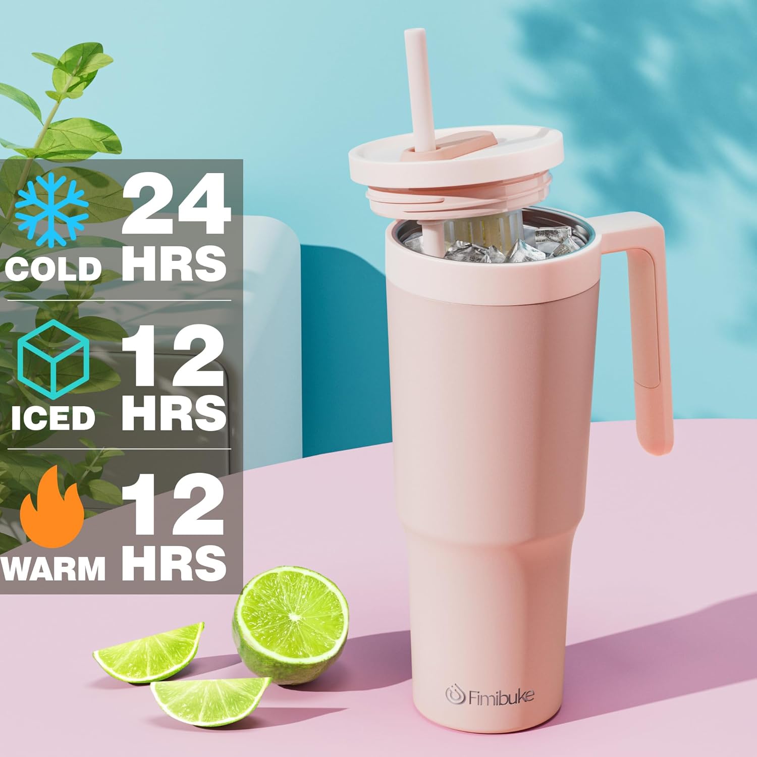 Fimibuke Vaso de 40 onzas con asa e infusor de frutas, taza aislada al vacío de acero inoxidable con tapa y pajilla, botella de infusión de agua,