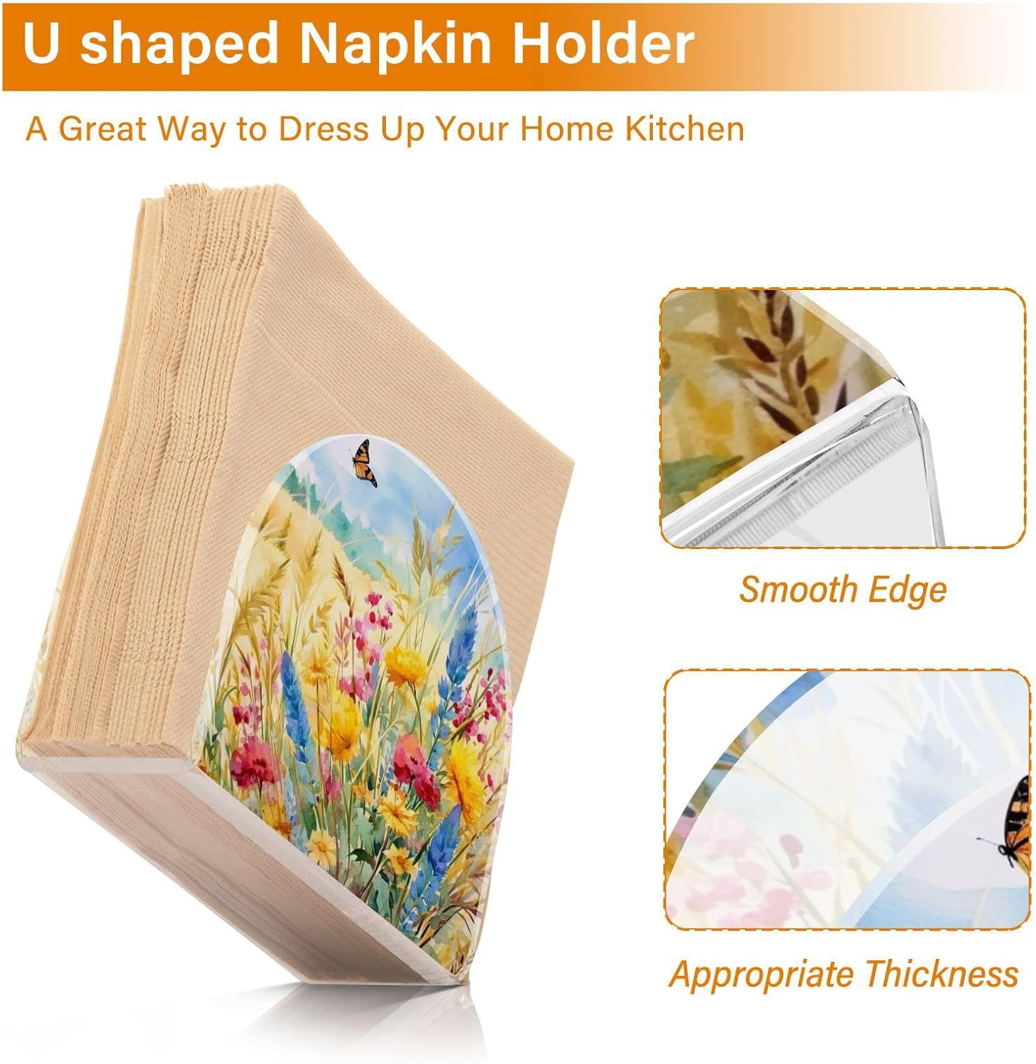 Napkin Holder Rural Flowers and Butterfly Napkin Holders for Tables, Clear Acrylic Napkin Holders Cocktail Napkin Holder for Kitchen Restaurant Bar