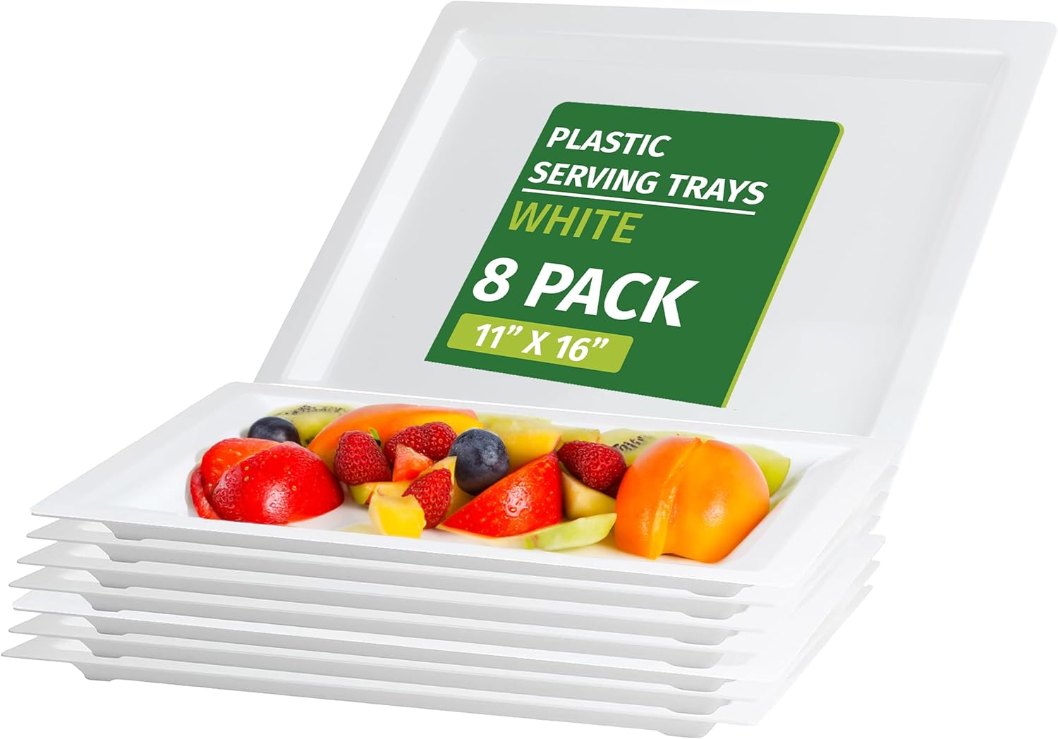PARTY BARGAINS Bandejas de plástico para servir de 16 x 11 pulgadas, paquete de 8 bandejas desechables de plástico blanco, excelentes para bodas,