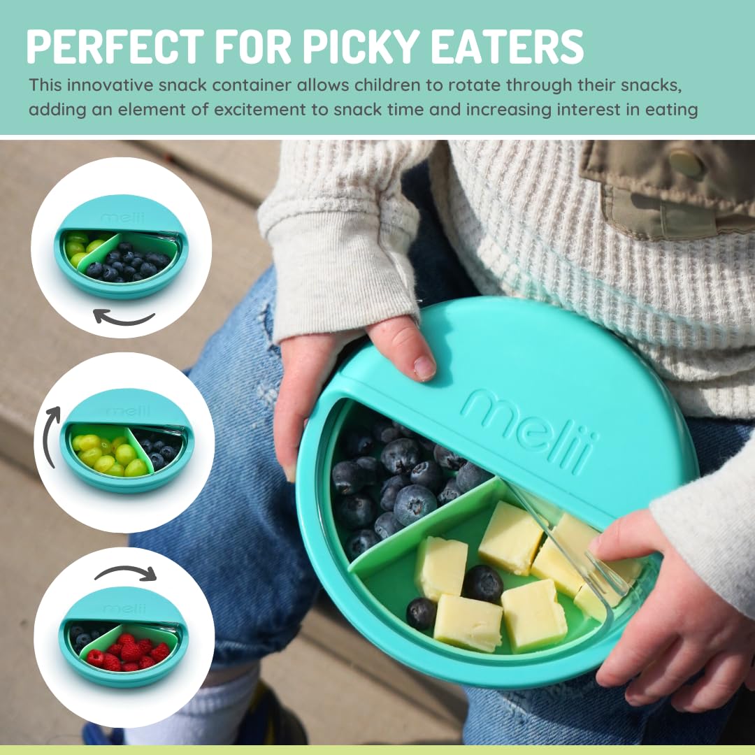 melii Contenedor giratorio para aperitivos, almacenamiento de alimentos para niños, sin BPA, apto para lavavajillas, 3 compartimentos (azul)