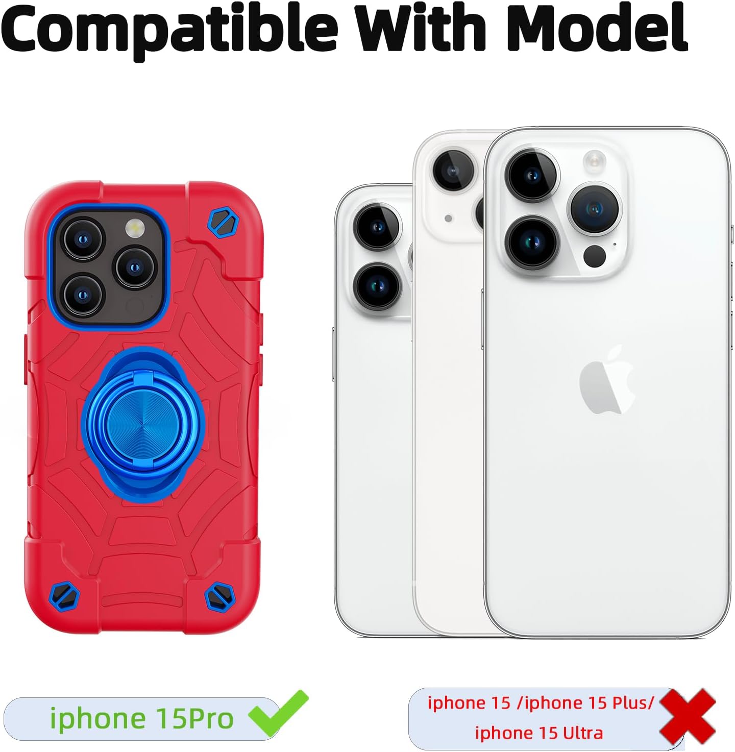 KCJ Funda compatible con iPhone 15 Pro con 2 protectores de pantalla soporte de anillo Funda resistente para teléfono de 6.1 pulgadas (rojo y azul)