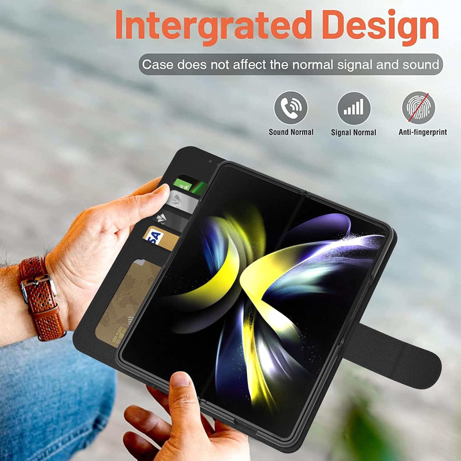 EnCases Funda para Samsung Galaxy Z Fold 5, cartera con correa de mano, piel sintética, 3 ranuras para tarjetas, color negro
