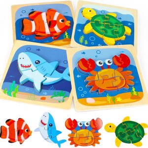 TOY Life Rompecabezas de 4 piezas para niños de 2 a 4 años, rompecabezas de madera de animales marinos para niños pequeños de 1 a 3 años, juguetes TOY Life Rompecabezas de 4 piezas para niños de 2 a 4 años, rompecabezas de madera de animales marinos para niños pequeños de 1 a 3 años, juguetes