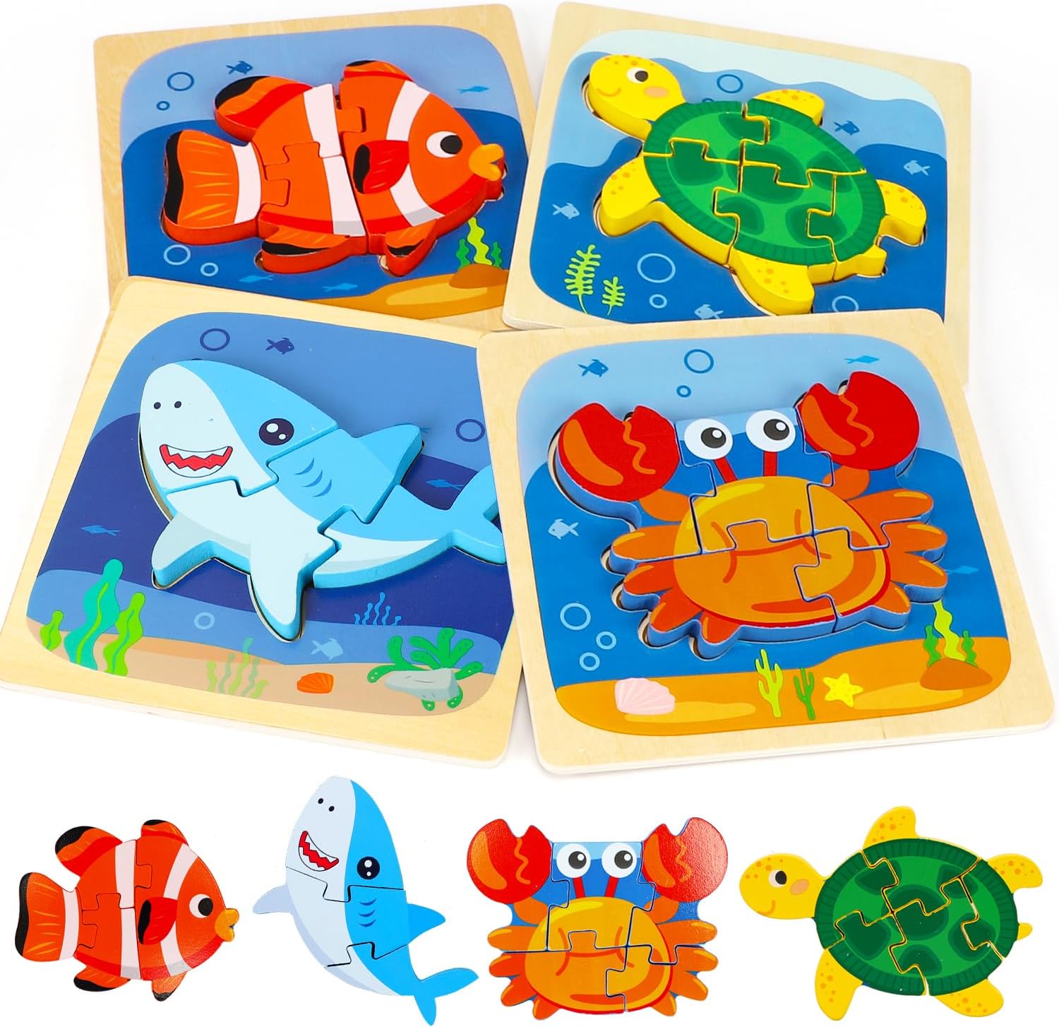 TOY Life Rompecabezas de 4 piezas para niños de 2 a 4 años, rompecabezas de madera de animales marinos para niños pequeños de 1 a 3 años, juguetes