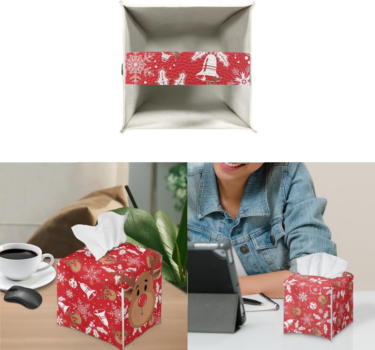 Funda para caja de pañuelos de Navidad, color rojo cuadrado para cocina, caja de pañuelos de alce de Navidad, cubierta para escritorio de oficina de