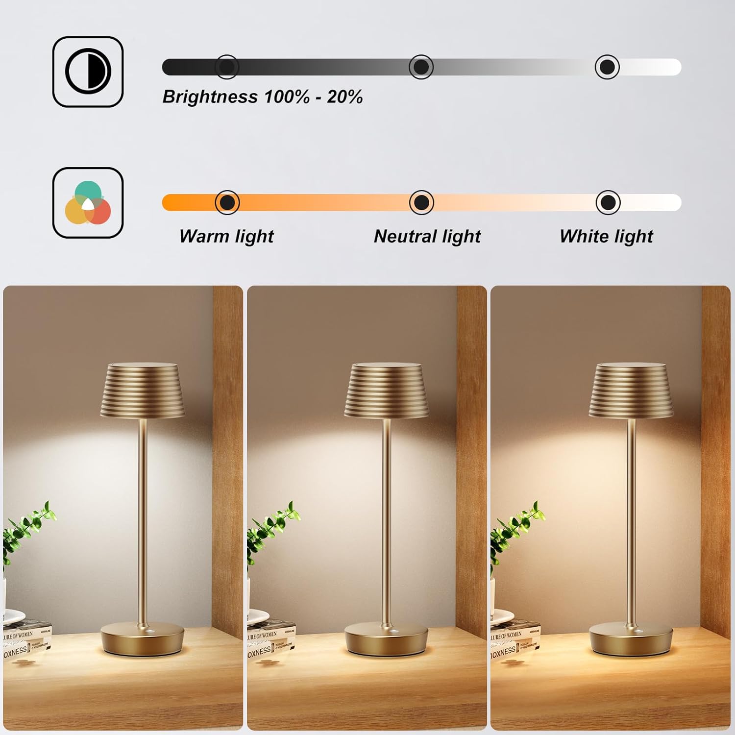 SAKRINGT Lámparas de mesa inalámbricas recargables, luz LED de mesa para exteriores, funciona con batería de 6000 mAh, 3 colores de temperatura,