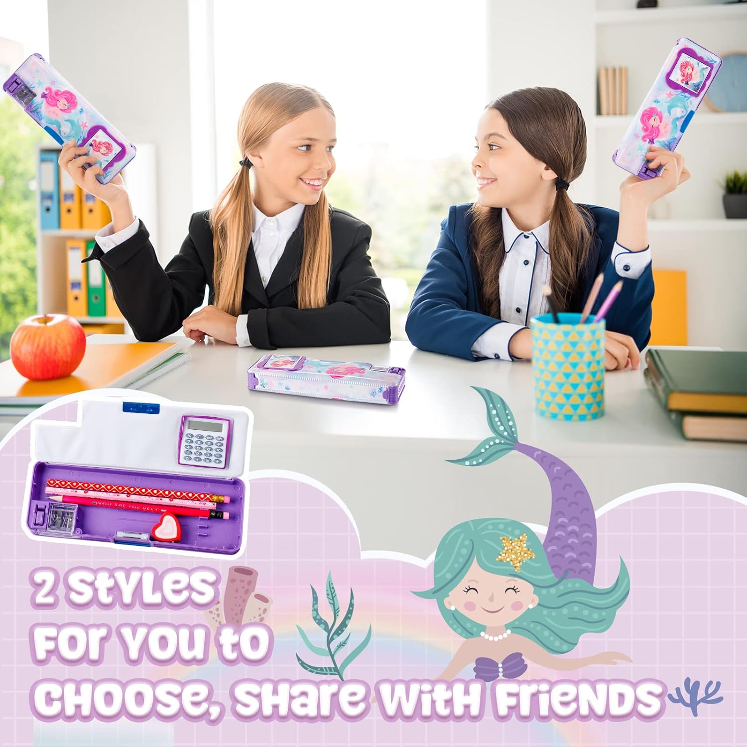 Henoyso Caja de lápices para niñas, estuche de sirena con calculadora y sacapuntas, estuche multifunción para lápices, suministros escolares, regalo
