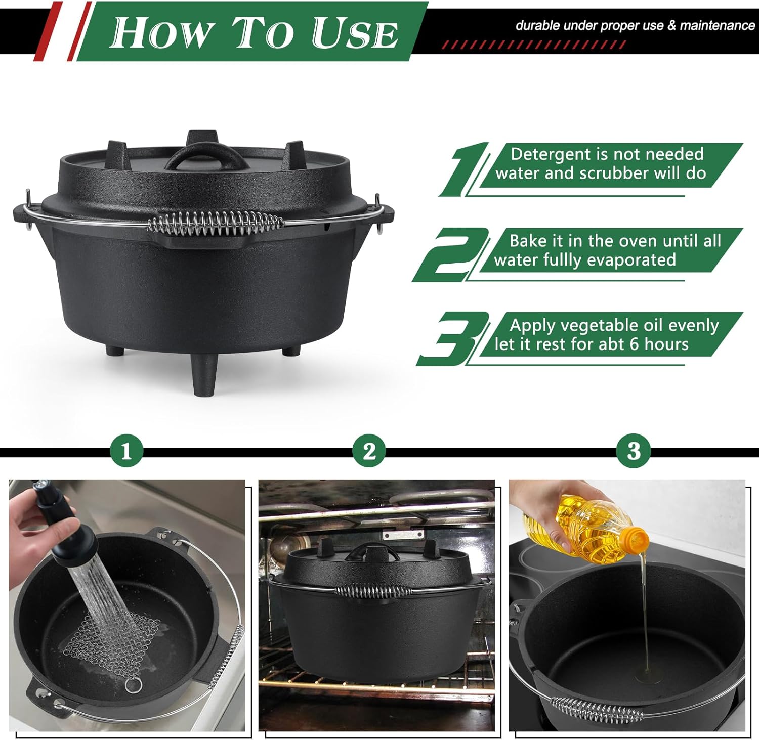 HaSteeL – Horno holandés de hierro fundido de 5 cuartos de galón, olla de campamento presazonada y levantador de tapa, olla profunda grande y