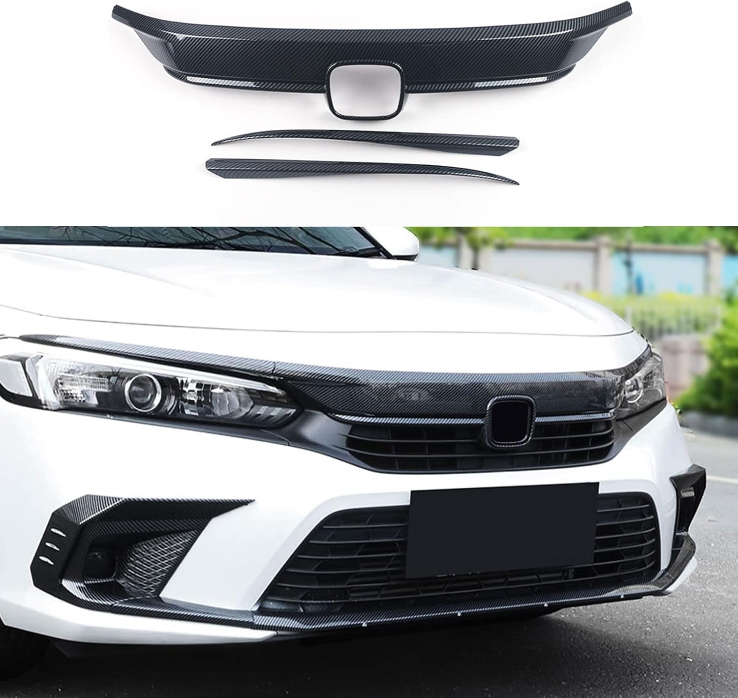 Accesorios de coche para capó de parrilla superior delantera exterior para Honda Civic 11 generación 2022-2023 ABS 3 piezas (estilo fibra de carbono)
