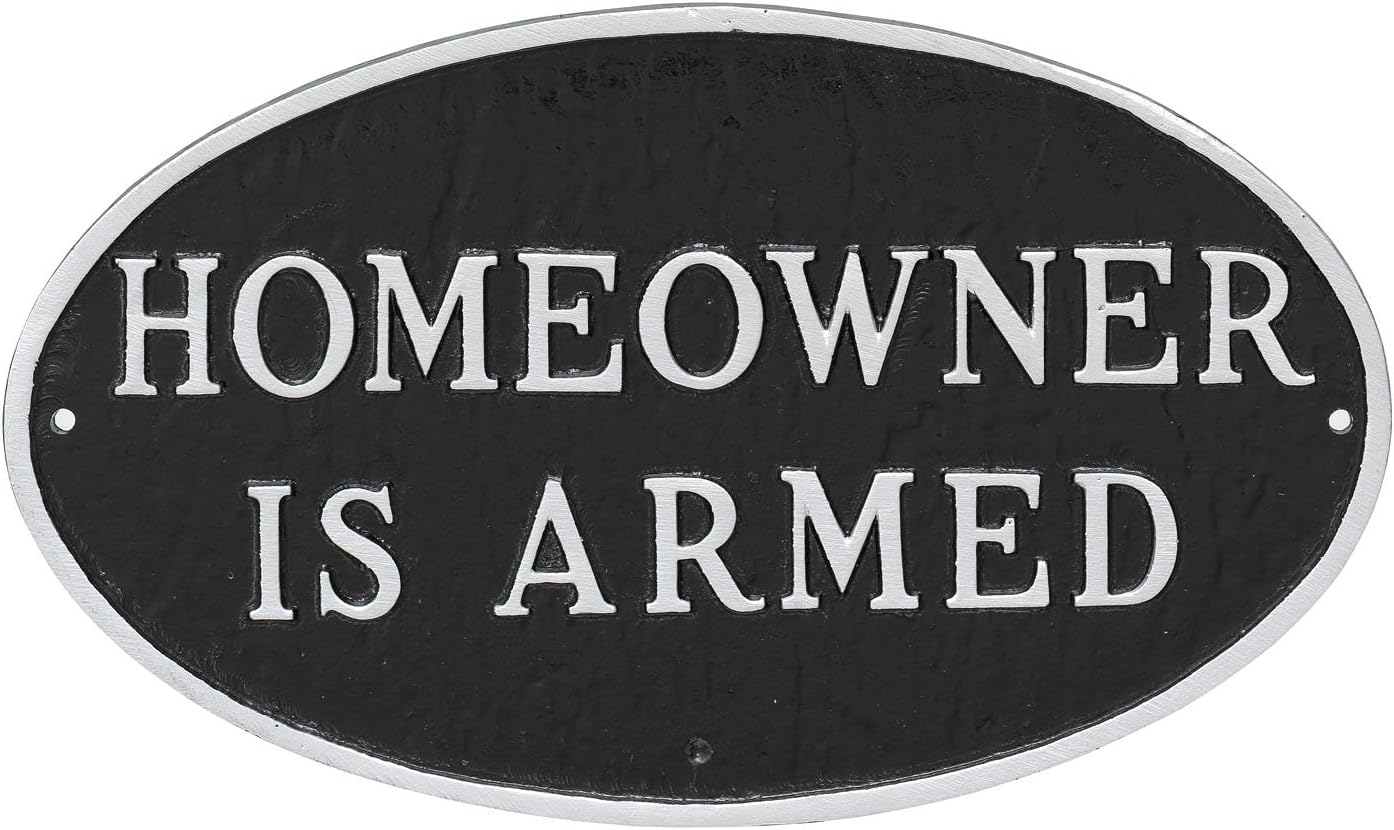 Placa ovalada de metal fundido para el propietario de casa con diseño de armado – Placa de exhibición de pared o césped – Letrero de seguridad para