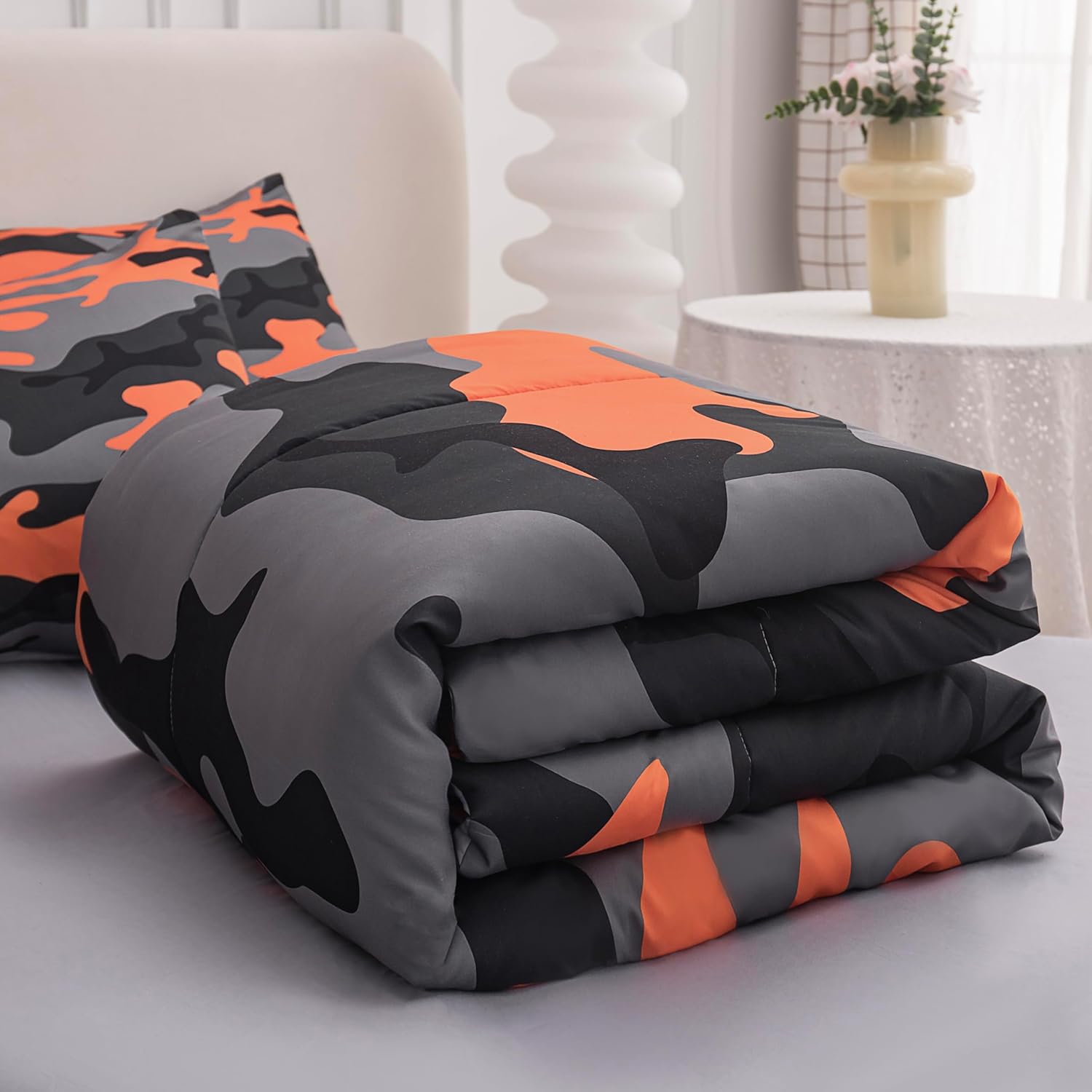 Juego de edredón para niños, tamaño Queen, juego de ropa de cama de camuflaje naranja y gris militar, juego de ropa de cama tamaño Queen, juego de