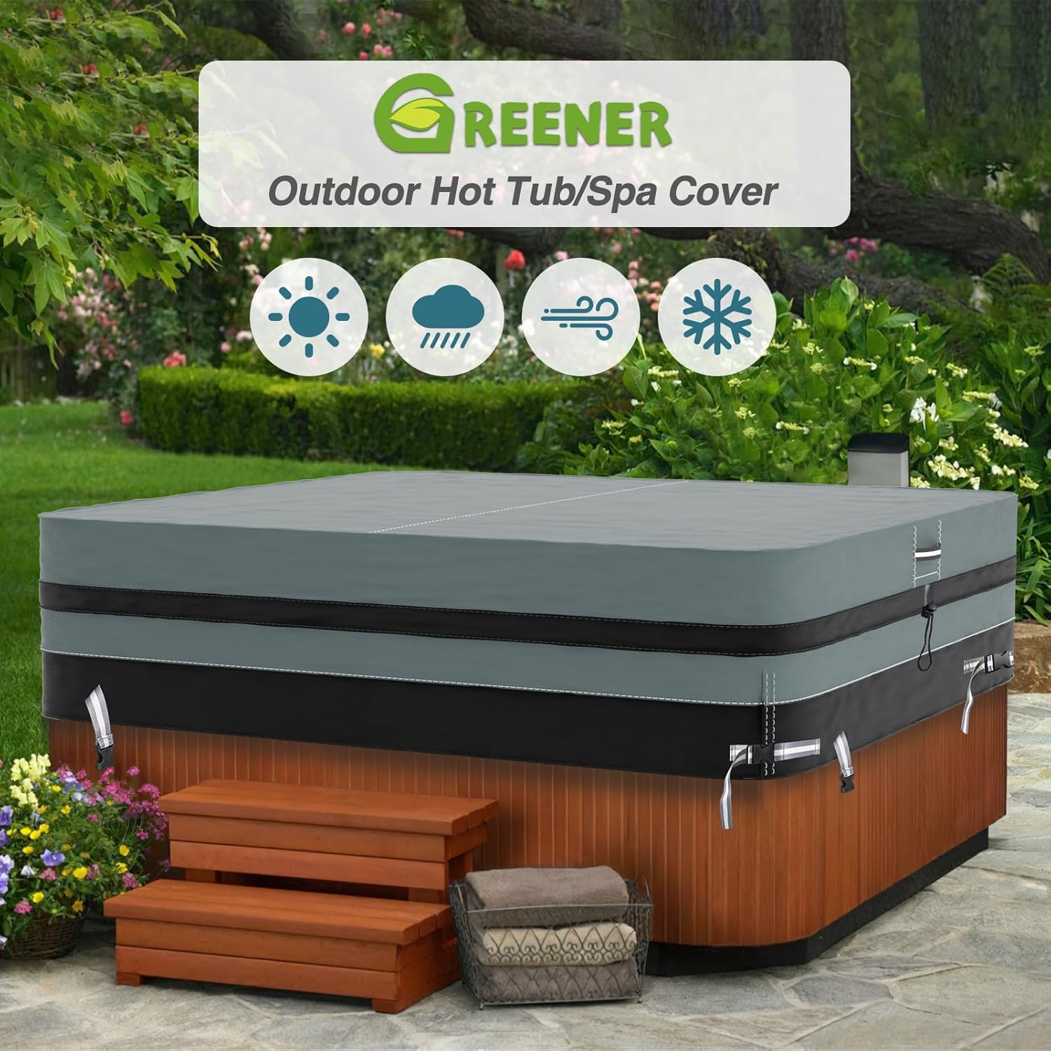 GREENER Cubierta cuadrada para bañera de hidromasaje, poliéster 600D resistente al agua, para bañera de hidromasaje, protección UV y resistente al