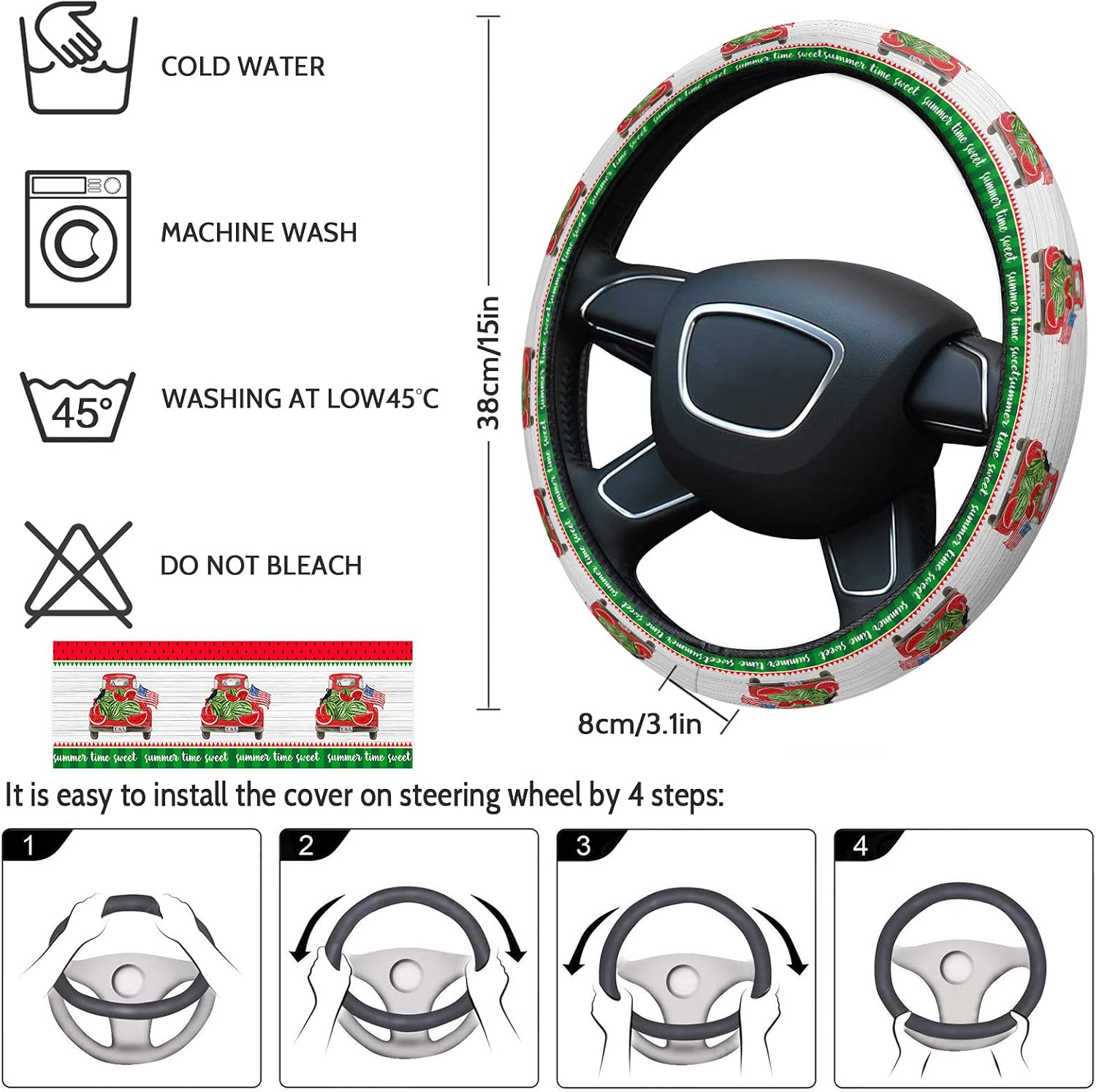 Car Steering Wheel Cover, Independence Day Theme Watermelon Truck and Crow Elastic Stretch Sponge Steering Wheels Protective Cover for Vehicles