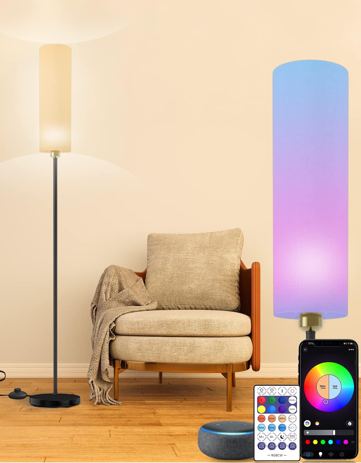 Lámpara de pie inteligente funciona con Alexa y Google Home, cambio de color, regulable sin escalones para sala de estar, modernas lámparas WiFi de