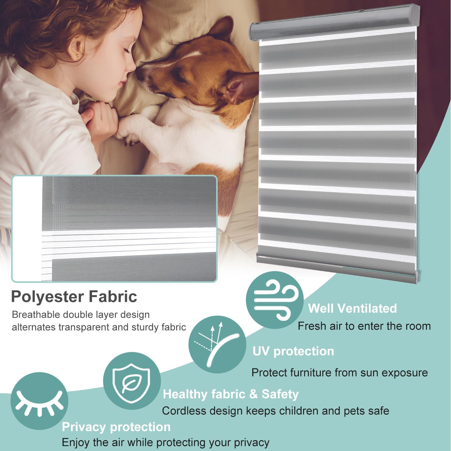 MYshade Persianas enrollables de cebra, para ventanas, sin cordón, para filtrar la luz diurna y nocturna, persianas enrollables de doble capa de 25