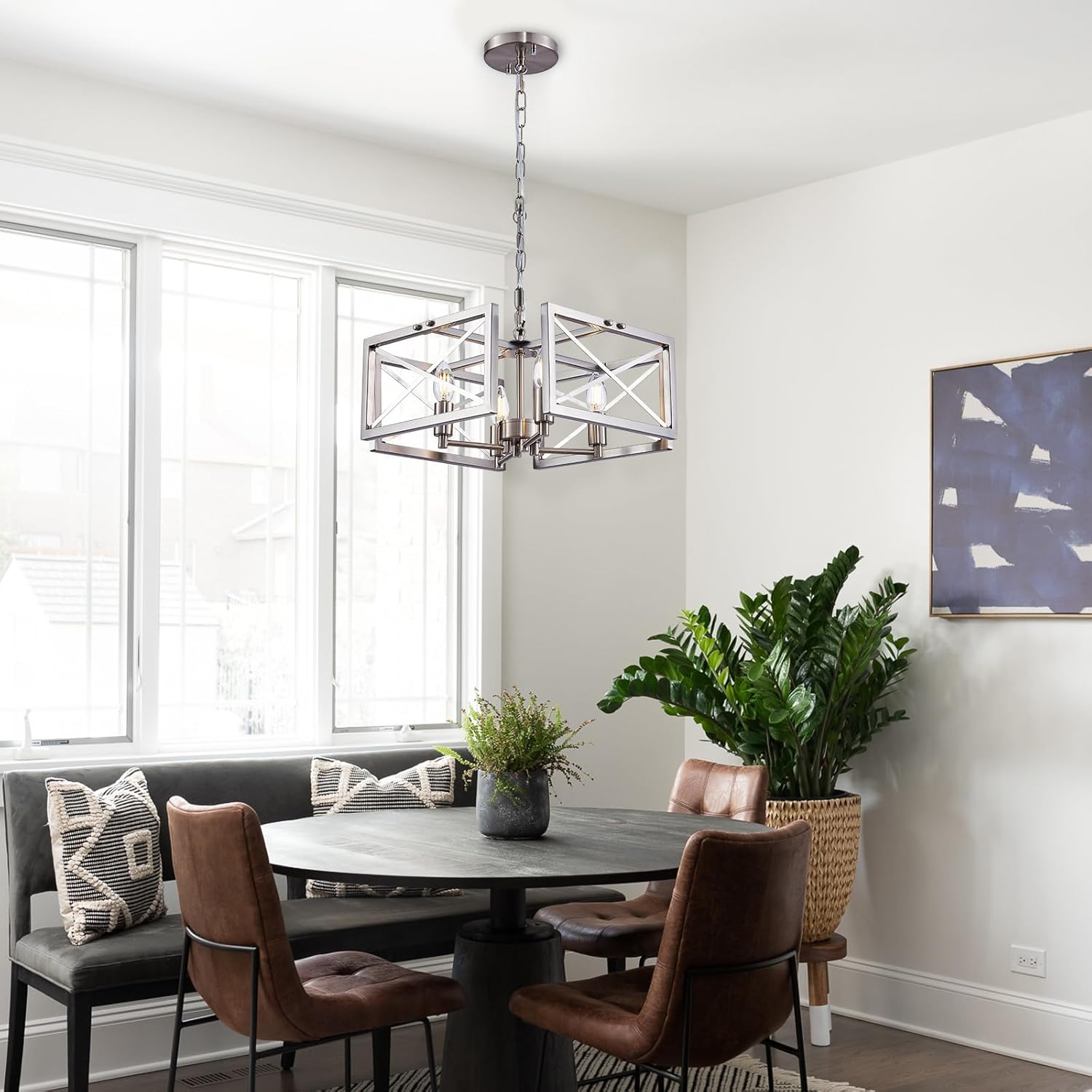 Szleomay Candelabro moderno de níquel cepillado, 4 lámparas de araña para comedor con marco cuadrado de metal, altura ajustable, accesorios de