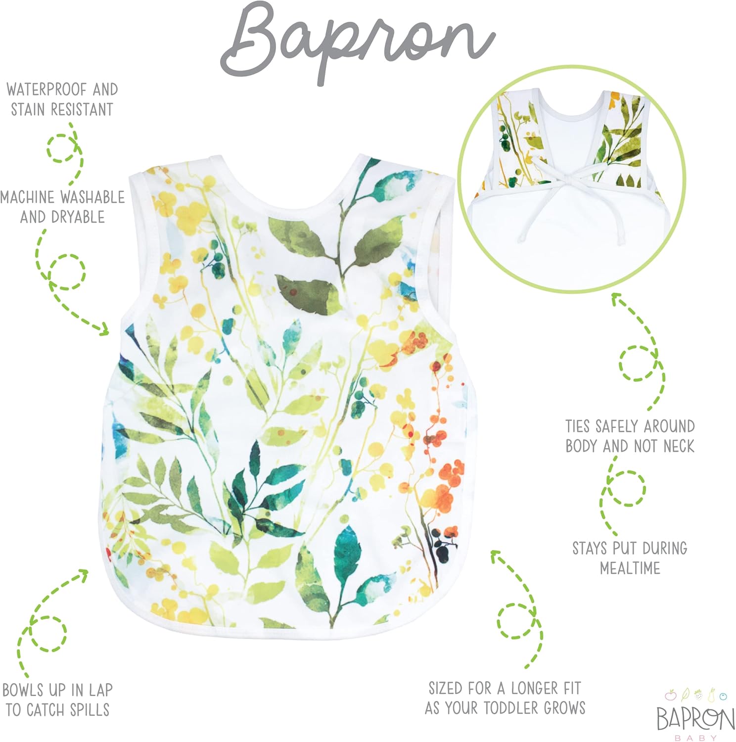 BapronBaby FloralNature Bapron – No Neck Tie Safer Bib – Baby & Toddler – Soft Waterproof – PVC, BPA & Phthalate Free – 6m+