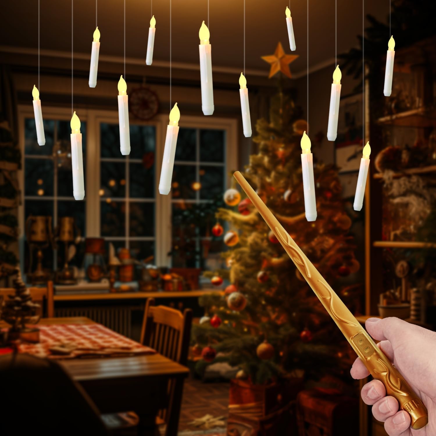 Velas flotantes con varita, 12 velas mágicas colgantes sin llama, luz cálida parpadeante LED con control remoto de varita, juego de velas de ventana