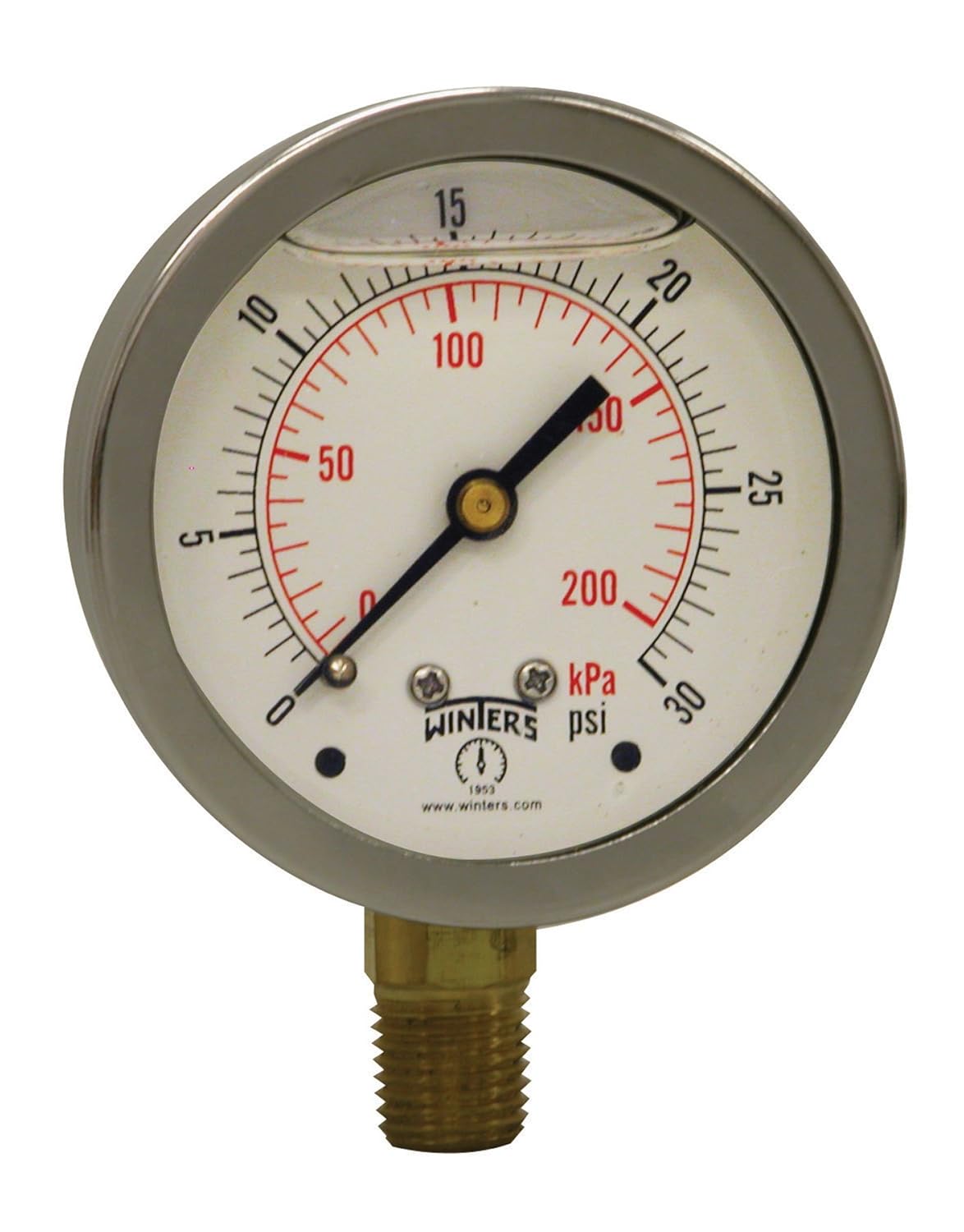 Winters serie PFQ Medidor de presión de acero inoxidable 304,con escala única y relleno de líquido, con interior de latón, de 0-30 psikpa, indicador