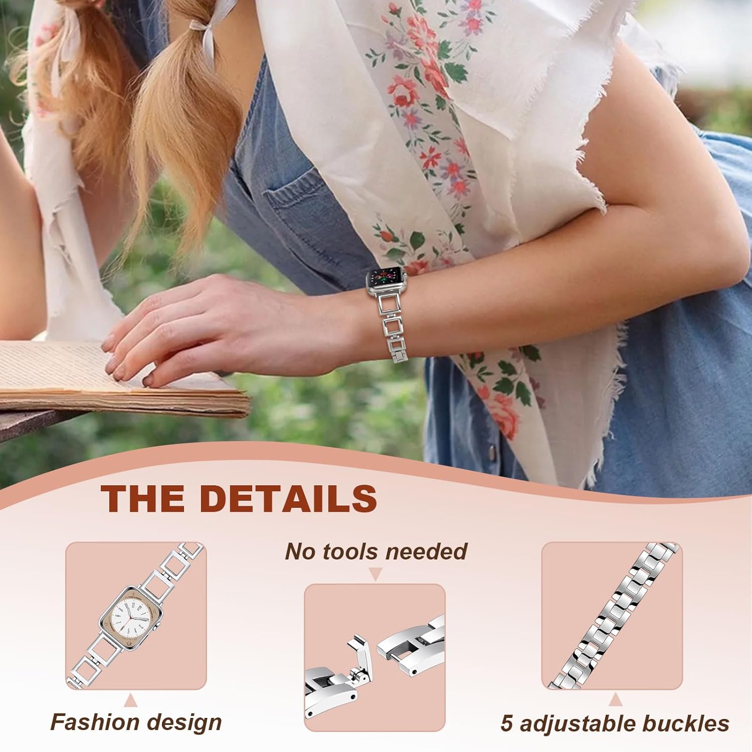 DMMG Compatible con Apple Watch Band de 414038 de 45441.654 in, pulsera elegante de metal de acero inoxidable con diseño cuadrado hueco correa de