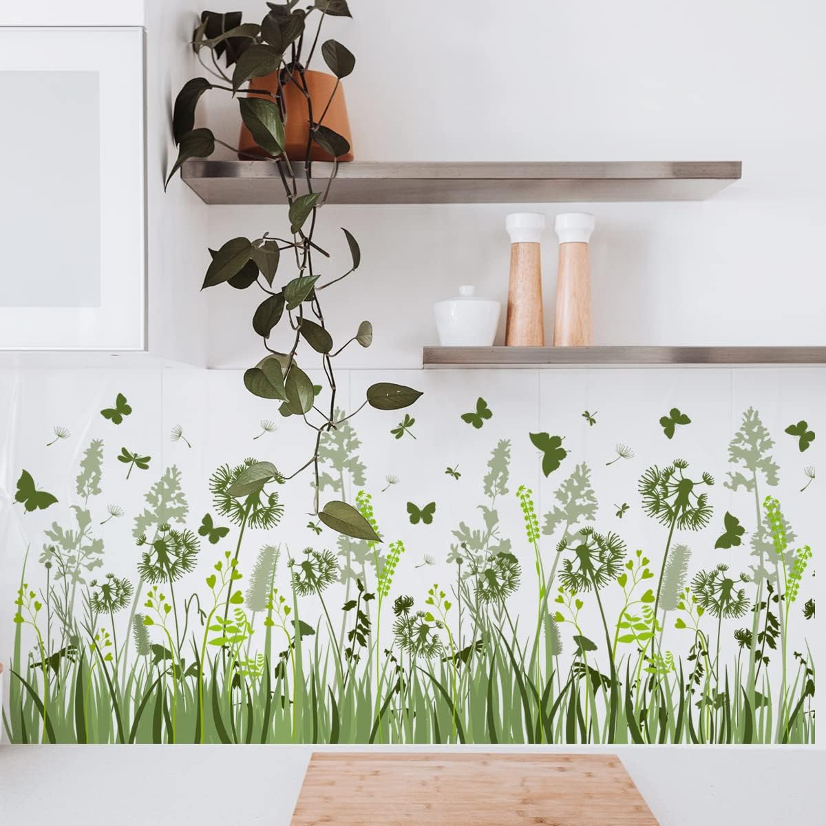 fanquare Dandelion Wall Decals Green Plants with Butterflies Wall Stickers Home Office Wall Decor for Bedroom Living Room Decor