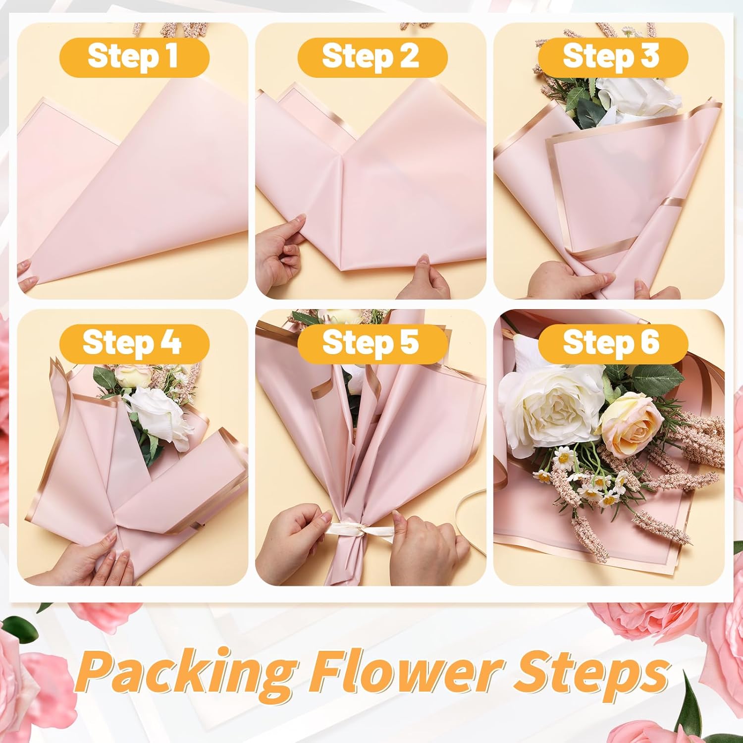 SOCNITC 50 hojas de papel de regalo de flores, 10 colores de borde dorado, papel de regalo floral impermeable, papel de regalo de ramo de estilo