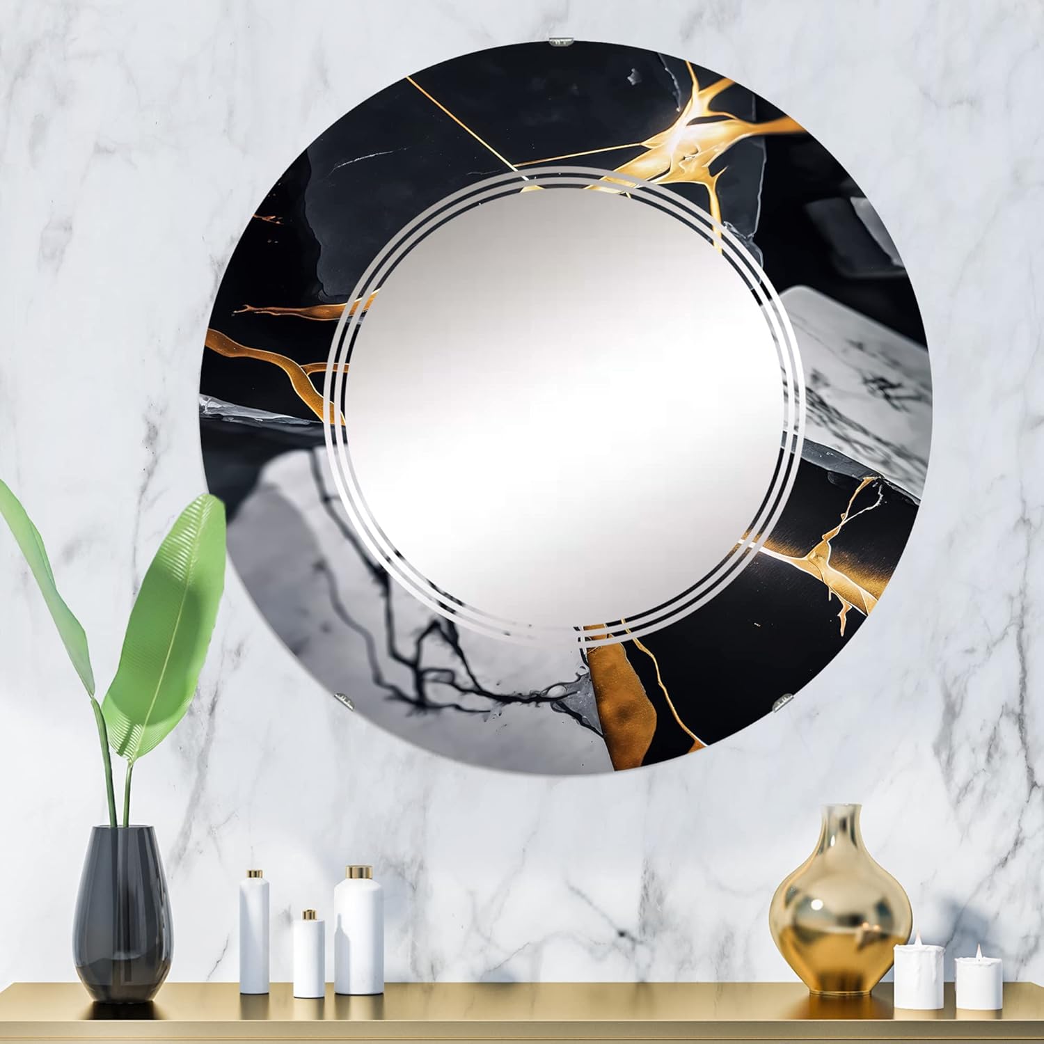 Abstract Geode Gold Marble II – Espejo de tocador, espejos de baño, espejos de pared para sala de estar, dormitorio, espejo redondo, grande, 24 x 24