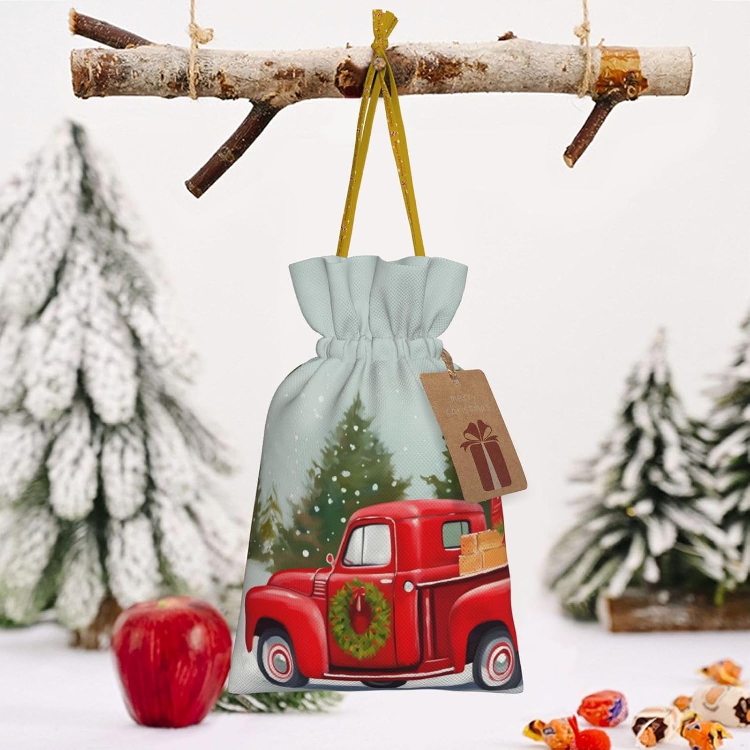 Zelamiee Bolsas de regalo de arpillera con cordón de muñeco de nieve de camión rojo, perfectas para Halloween, Acción de Gracias, Navidad,