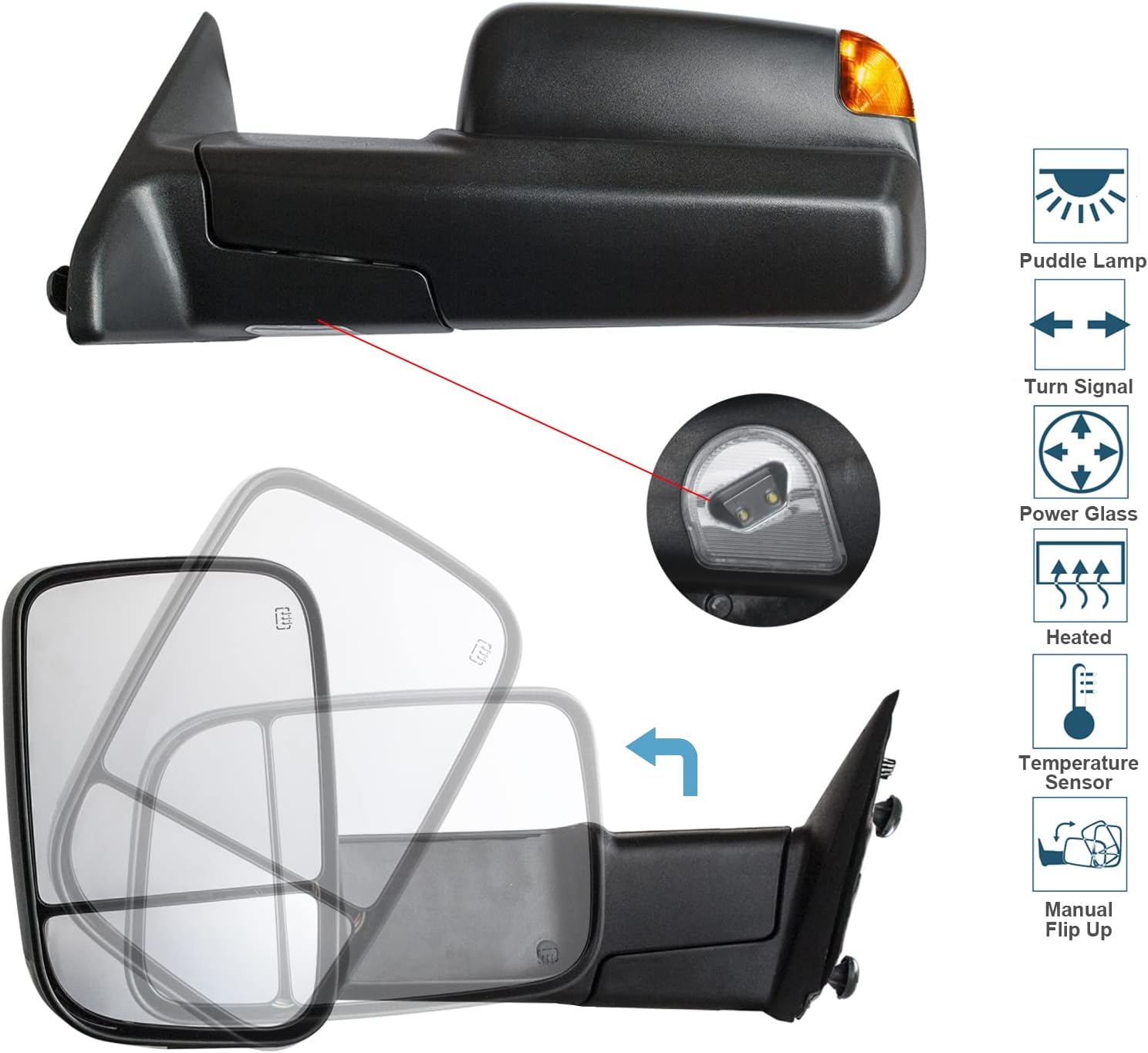 Espejos de remolque aptos para Dodge Ram 2009-2018 1500 2500 3500 Pickup Truck con calefacción de vidrio de descongelación con luces LED de señal de