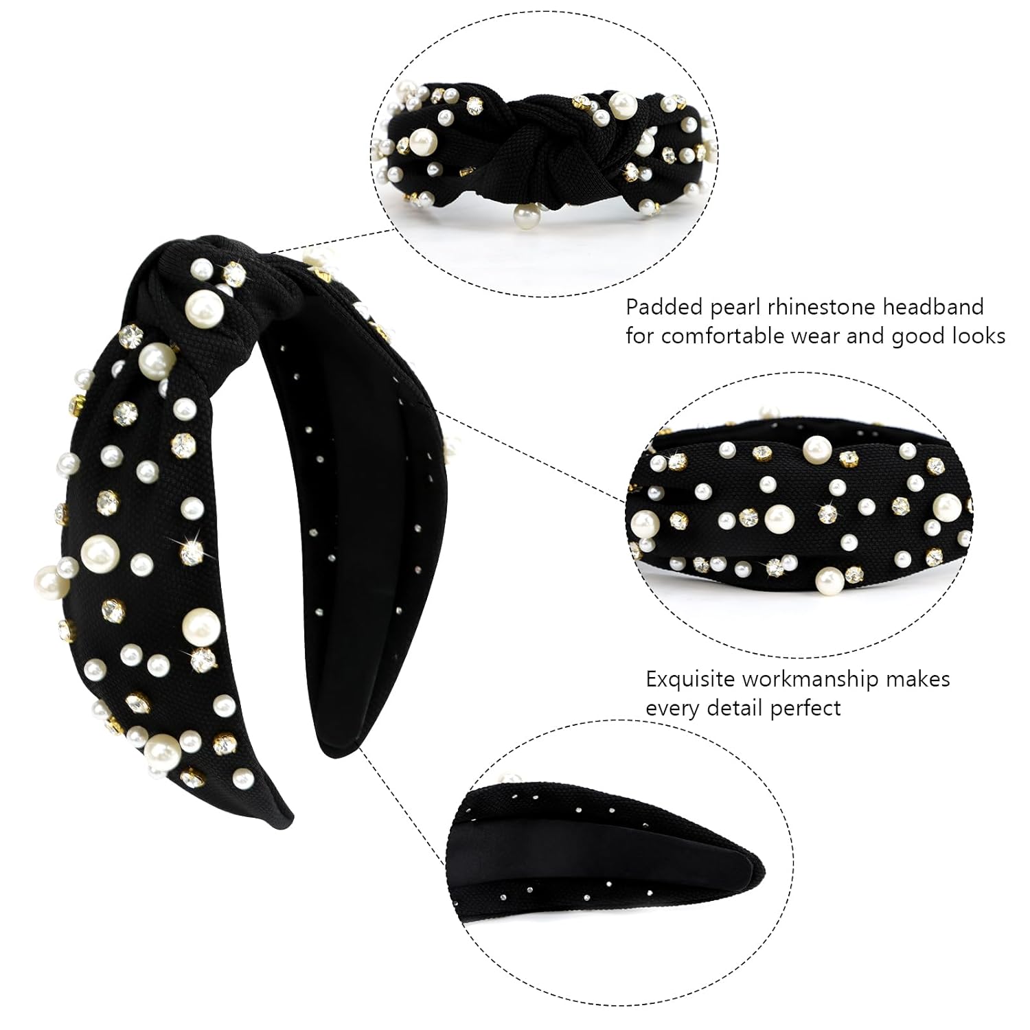Diademas de perlas para niñas, diademas de diamantes de imitación para mujer, diadema ancha anudada para mujer, diadema negra con cuentas,