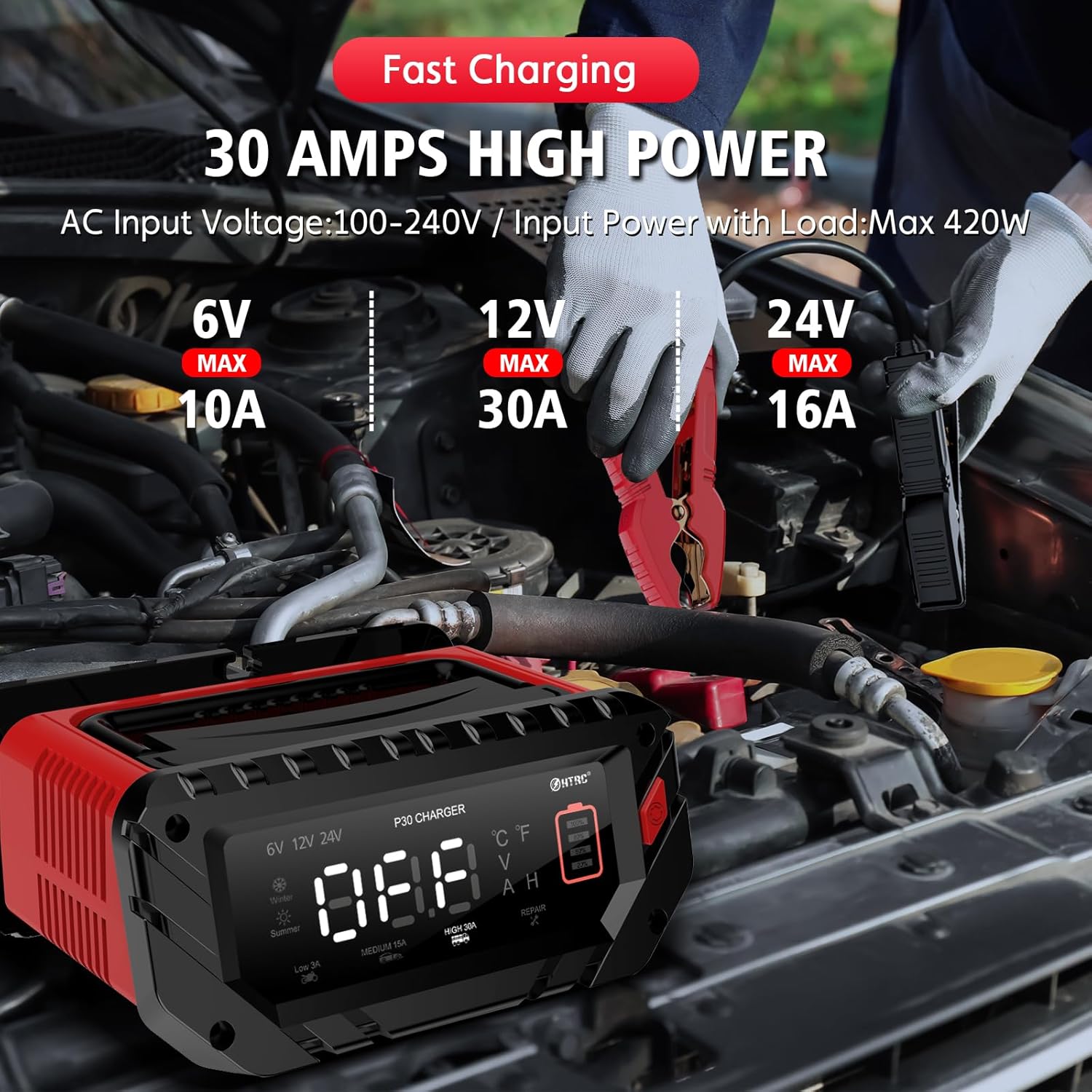 Cargador de batería de 30 amperios, cargador inteligente de goteo 6V12V24V, cargador de batería de coche, litio, Lifepo4, plomo ácido (AGMGelSLA…)