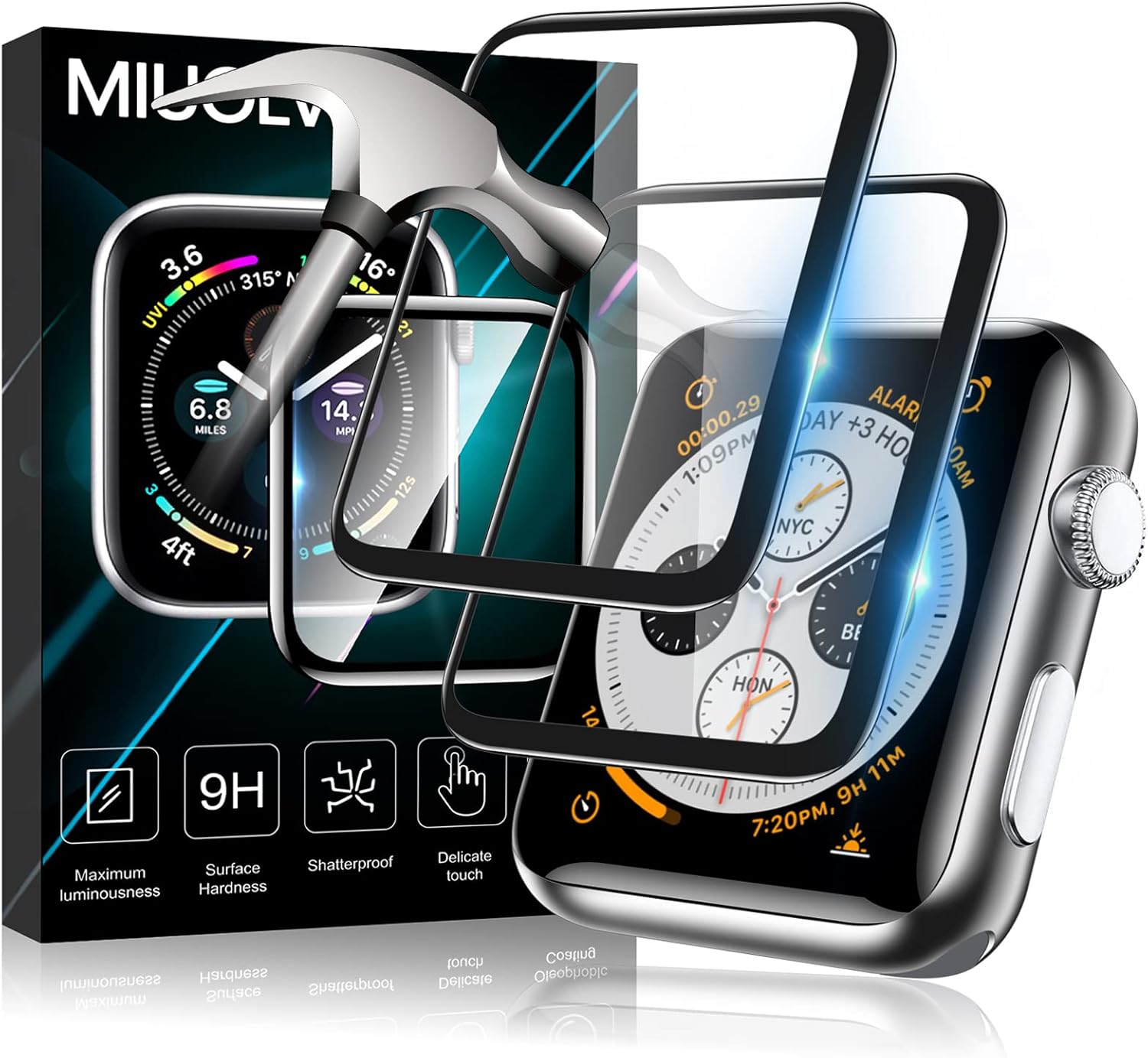 Paquete de 2 protectores de pantalla de vidrio templado para Apple Watch Series 7 de 1.575 pulgadas Series 6SE54, cobertura completa, sin burbujas,