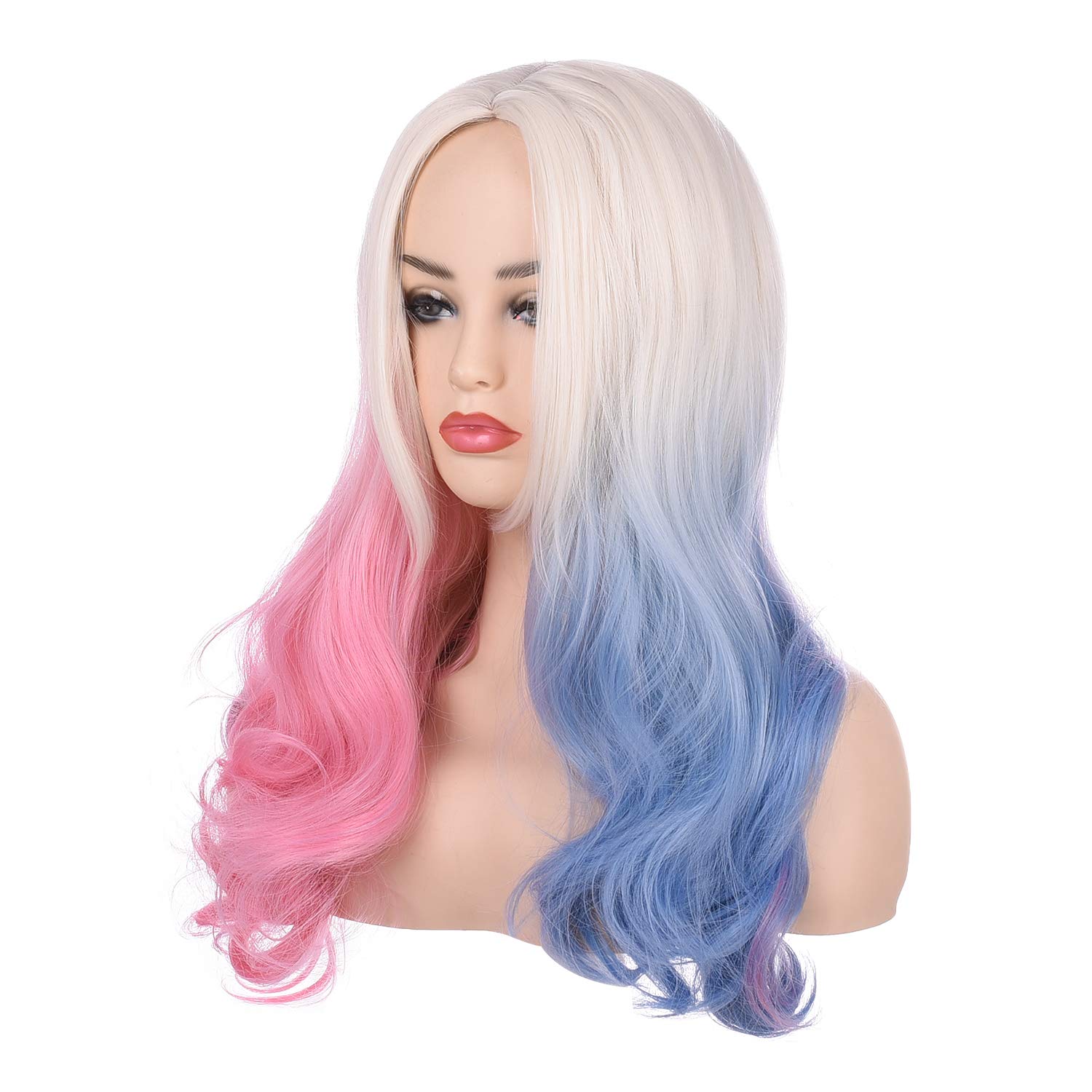 morvally 20 pulgadas de largo, ondulado, rubio, azul, rosa, ombré, pelucas de pelo sintético para mujeres, cosplay, Halloween