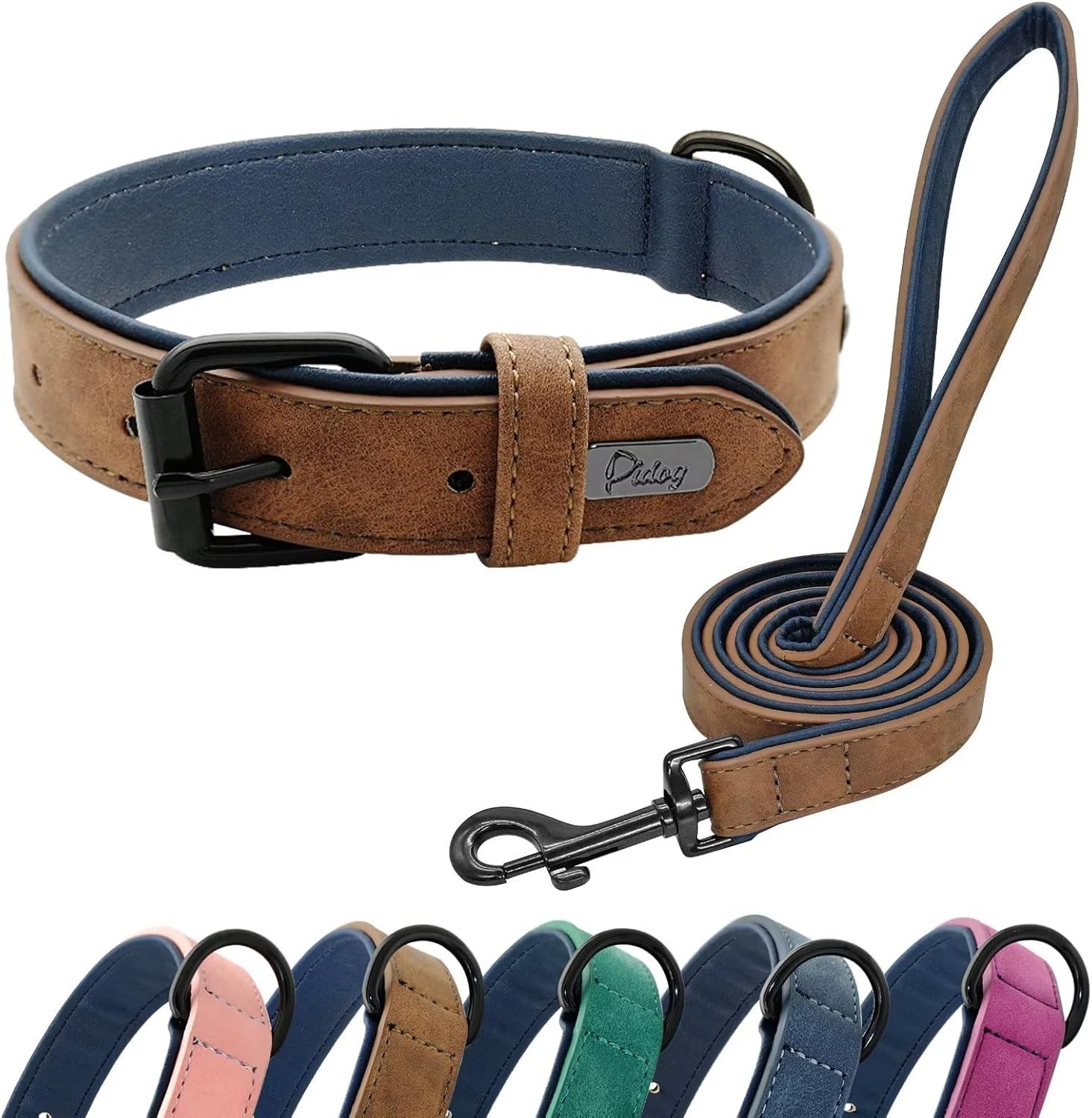 Didog Juego de collar y correa de cuero acolchado suave para perro, correa y collar resistente con hebilla de metal, collares transpirables para