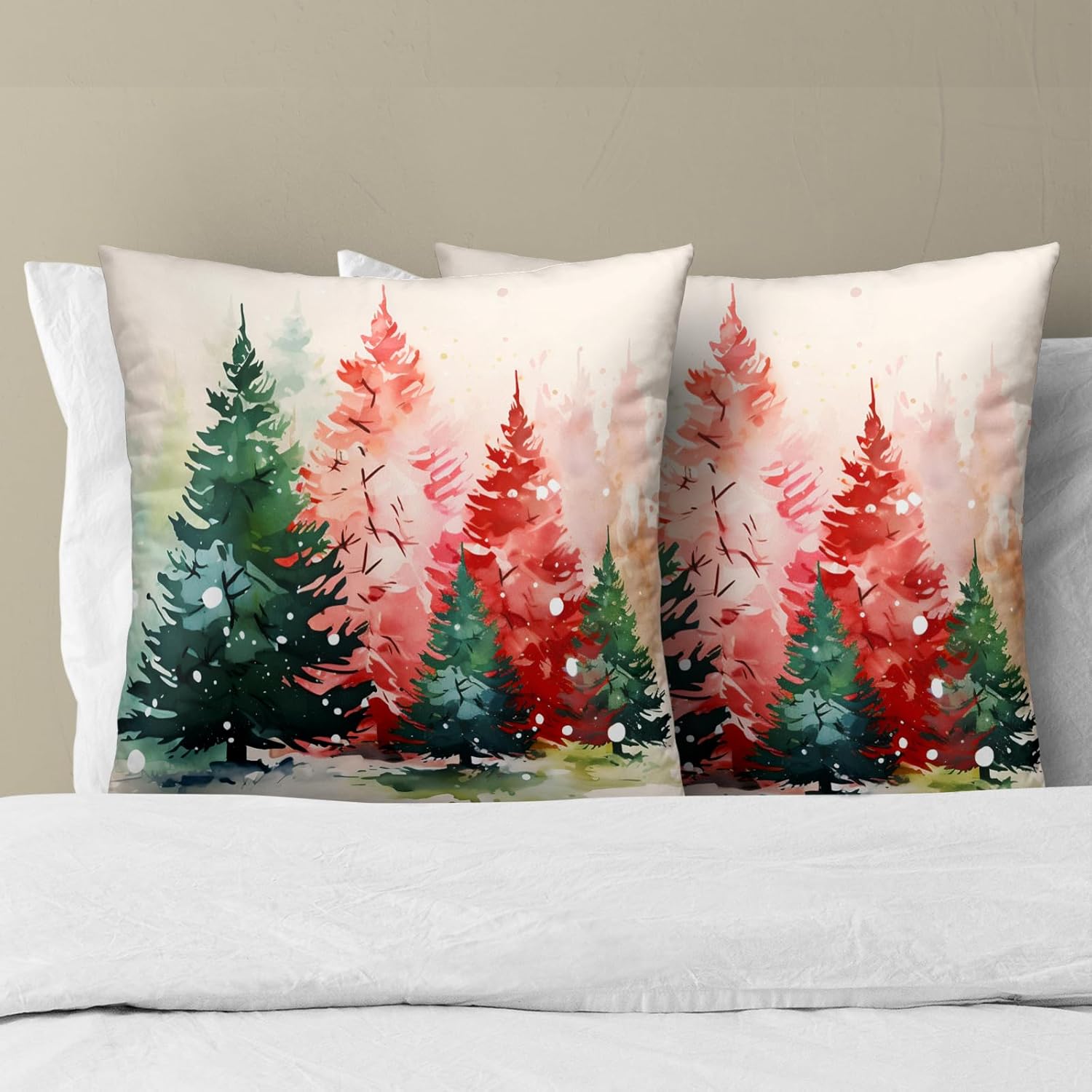 Juego de 2 fundas de almohada con diseño de acuarela para árbol de Navidad, color rojo y verde, para decoración del hogar, sofá, cama, 16 x 16