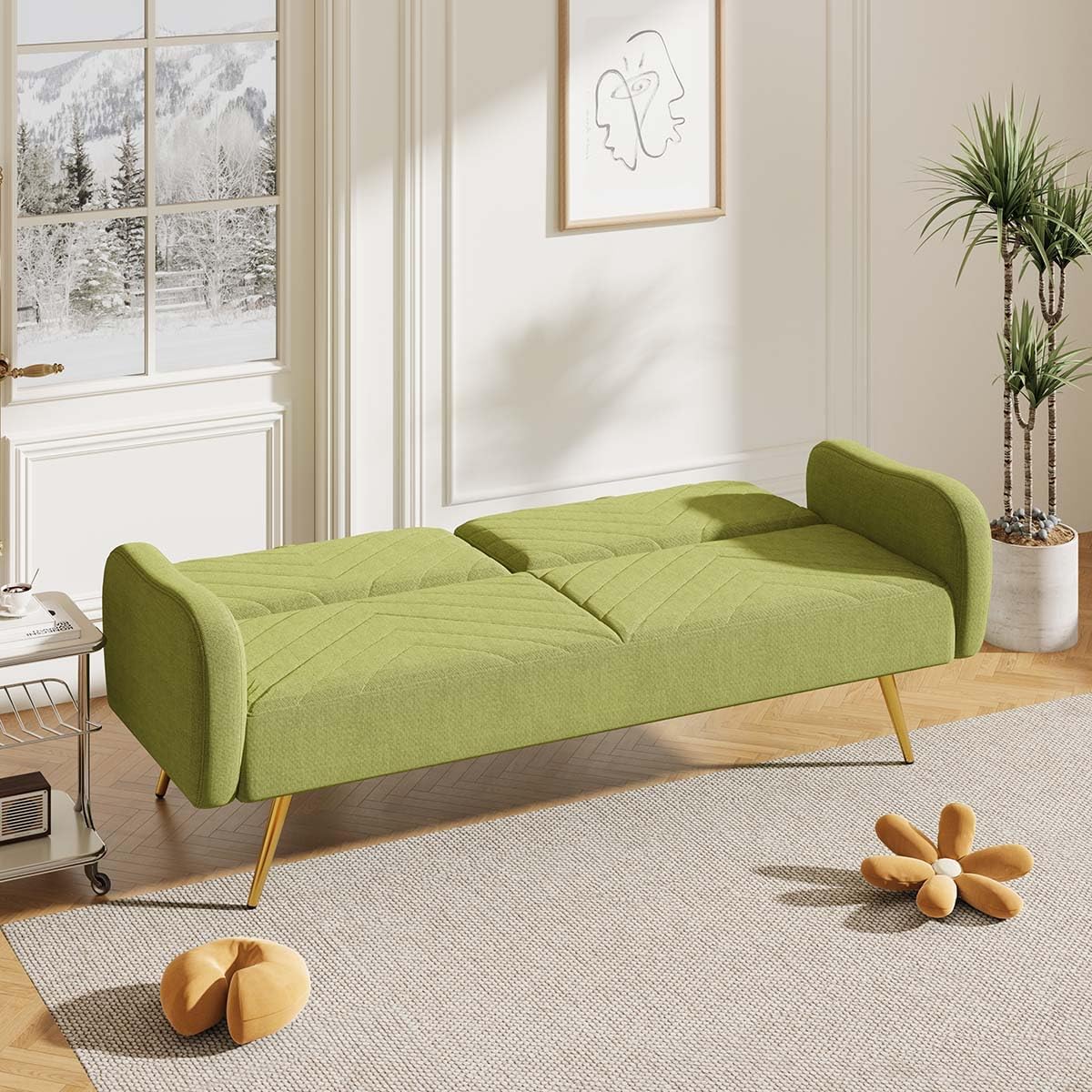 Futón de 70 pulgadas con colchón incluido, sofá cama futón con respaldo dividido y 2 cojines, sofá cama convertible con patas y brazos de metal