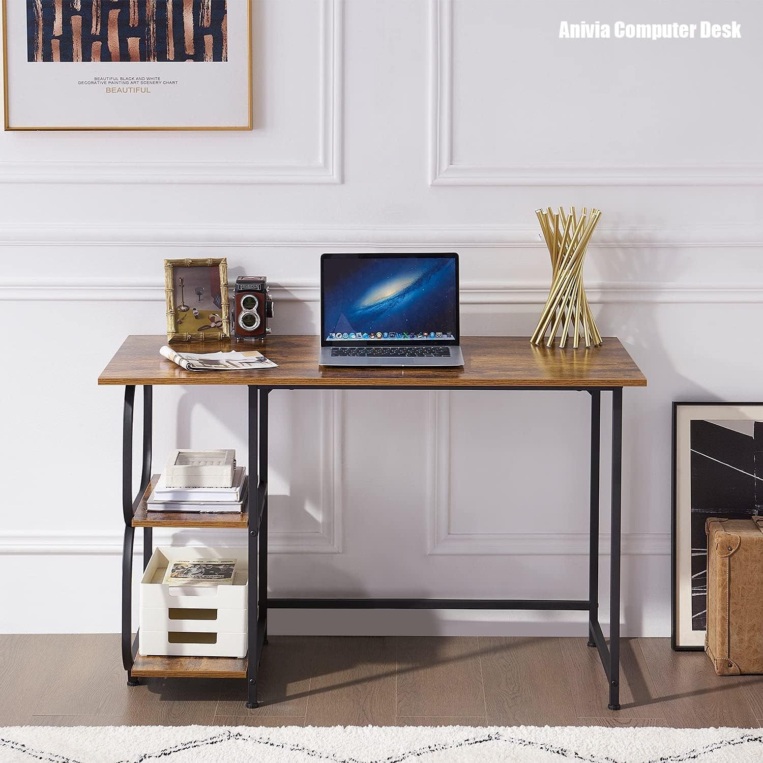 Anivia – Escritorio para computadora de oficina en casa con 2 estantes de almacenamiento en el lado izquierdo o derecho, mesa de madera de estilo