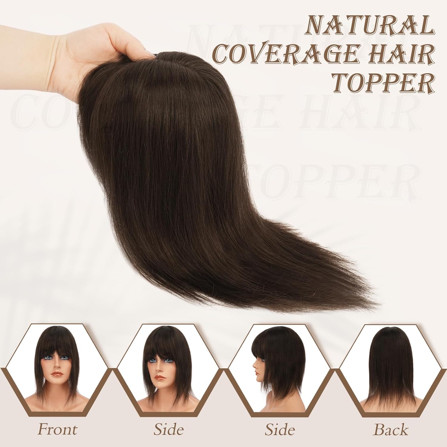 RUWISS Decoración de cabello humano con flequillo, corona, piezas de cabello para mujer, peluca corta para cabello fino, 3.0 x 5.1 in, base de seda,