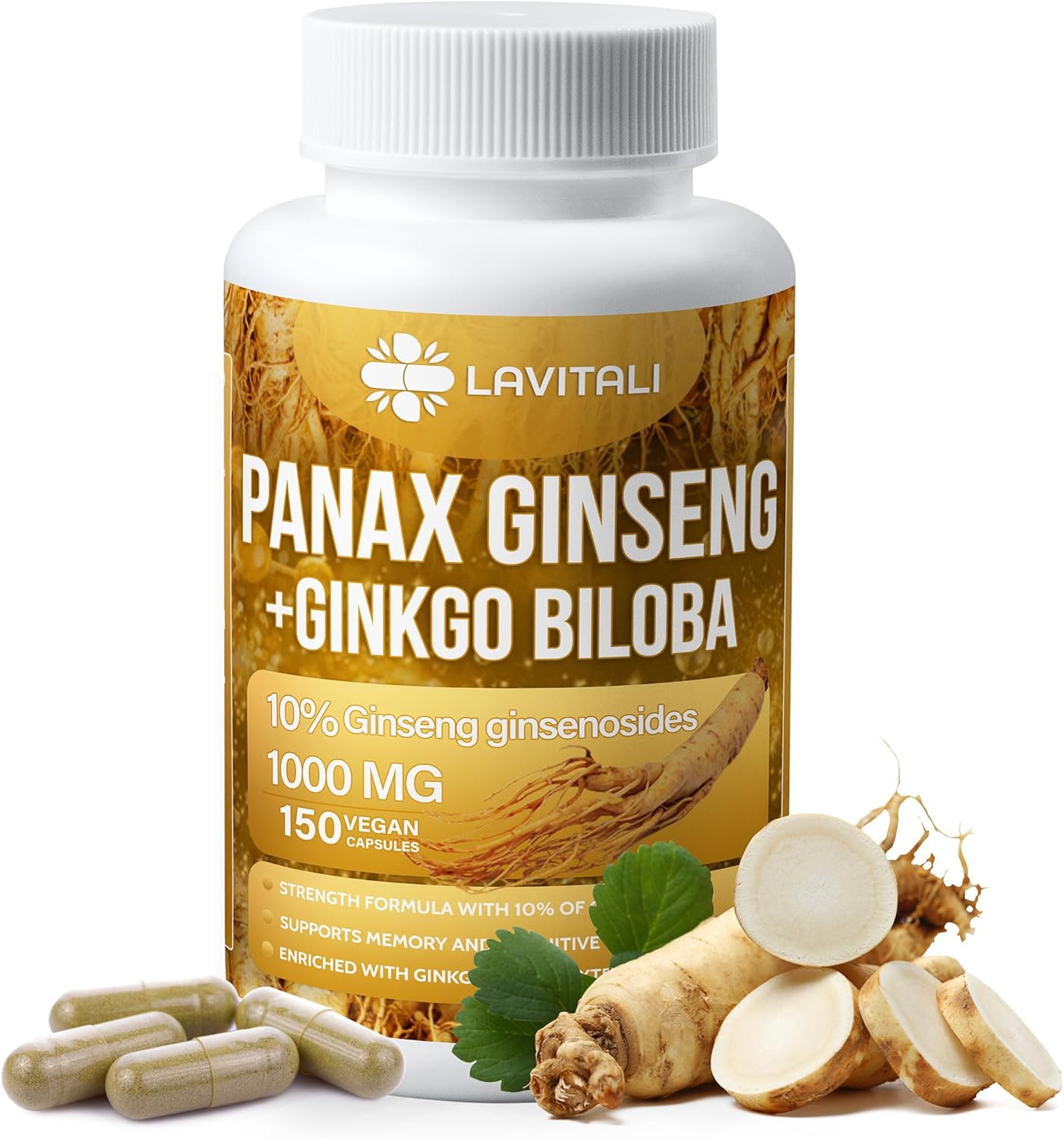 Ginseng & Ginkgo Biloba 150 cápsulas vegetales, polvo de extracto de raíz de ginseng energético, con extracto de ginkgo biloba, 100% natural y sin