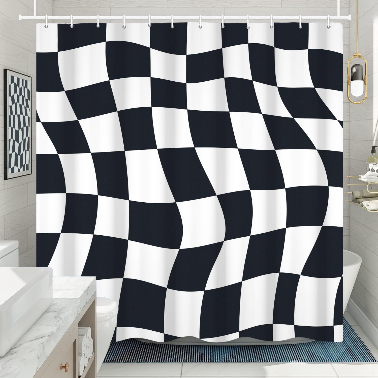 Cortinas de ducha a cuadros para baño, cortina de ducha en blanco y negro, 72 pulgadas de ancho x 72 pulgadas de alto, bonita cortina de ducha retro