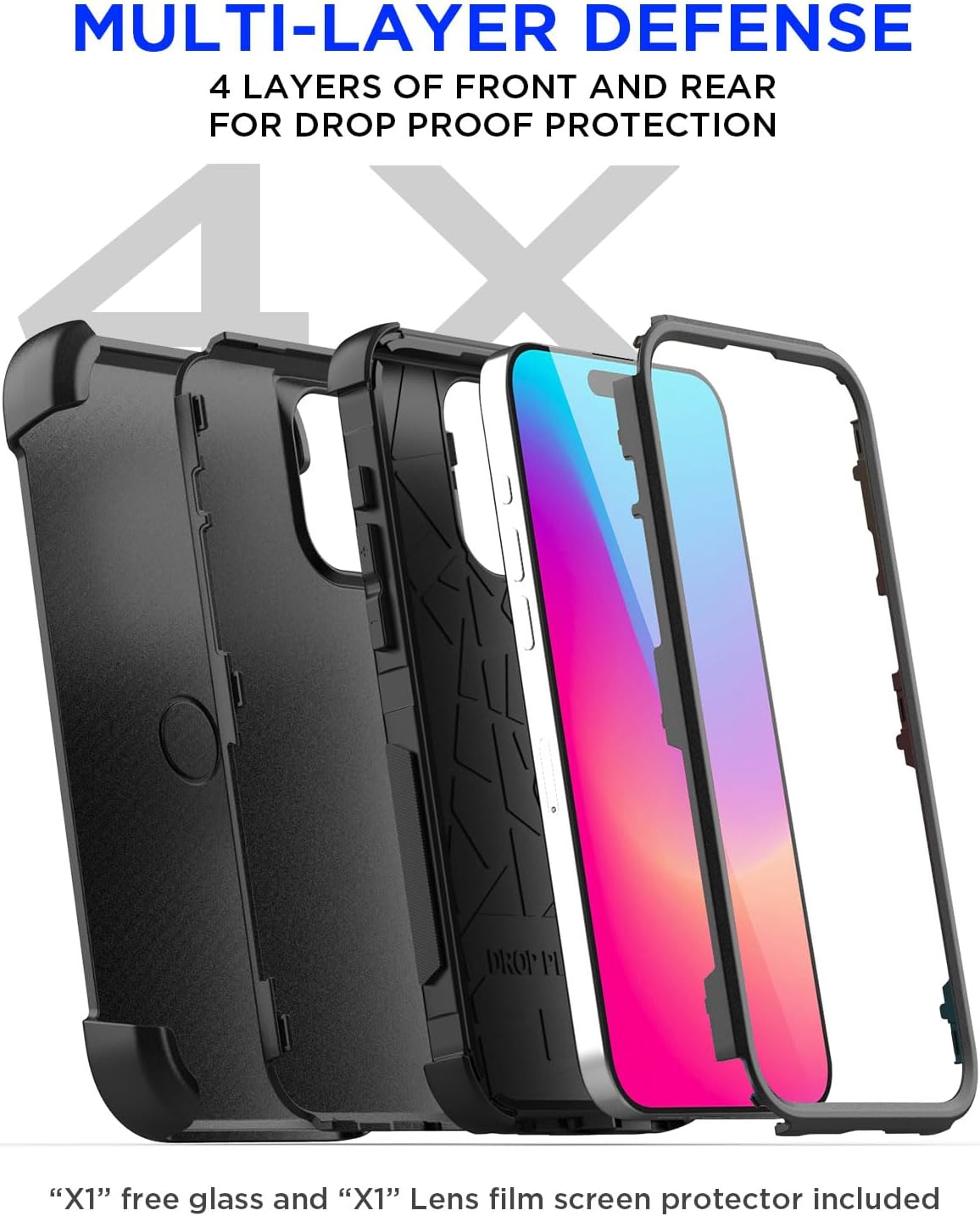 AICase Funda para cinturón compatible con iPhone 15 Pro + protector de vidrio + lente de cámara, resistente de 3 capas de protección de grado