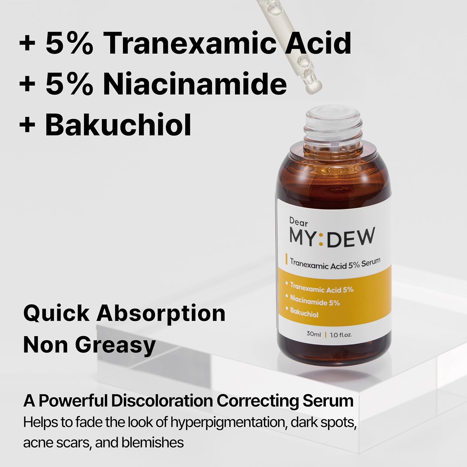 DearMYDEW Suero de ácido tranexámico al 5% con niacinamida al 5%, bakuchiol, suero corrector de decoloración, hiperpigmentación descolorida, mancha