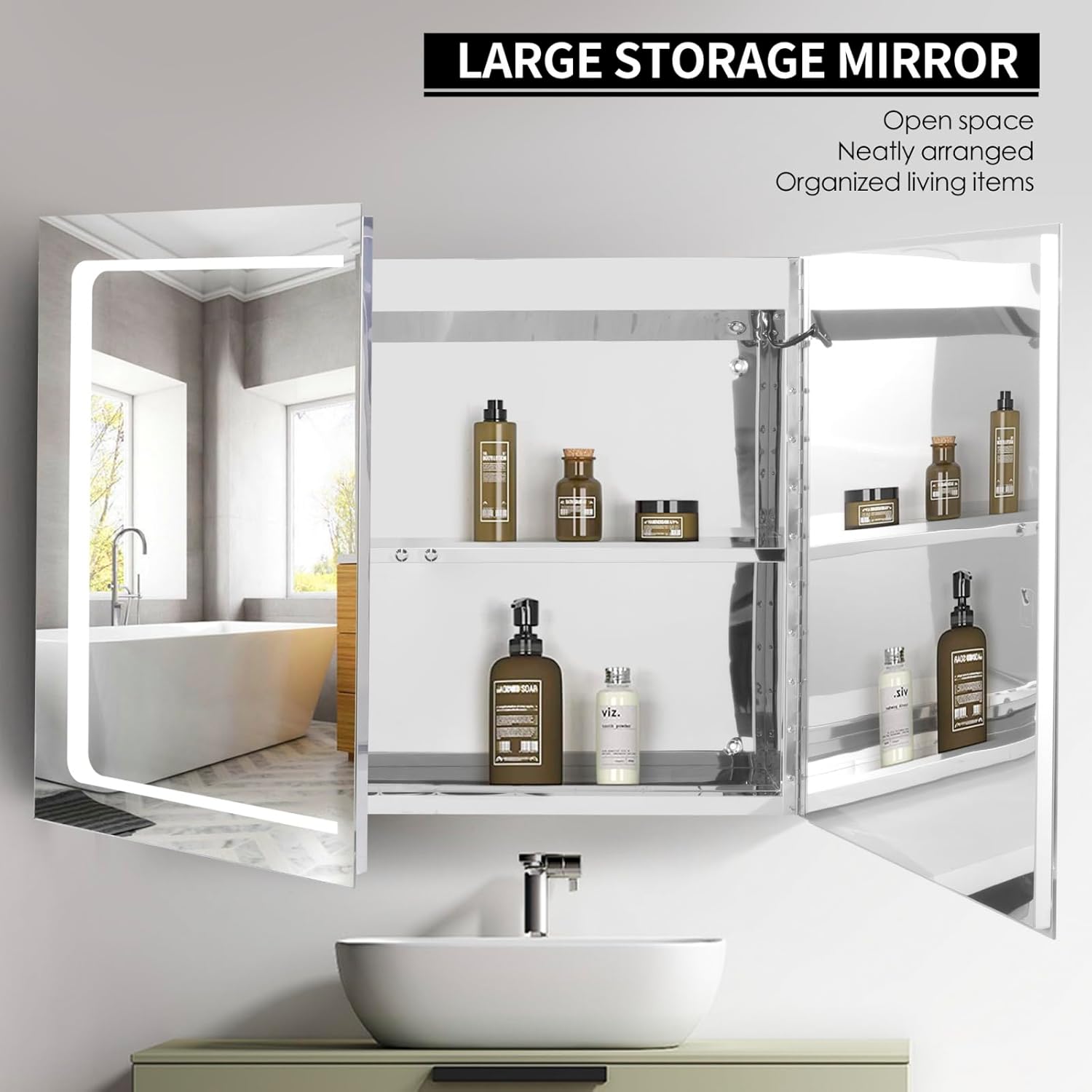 Movo Botiquín iluminado con espejo para baño, 24 x 32 pulgadas de montaje en superficie con espejo y luz LED, gabinete de baño con puertas dobles
