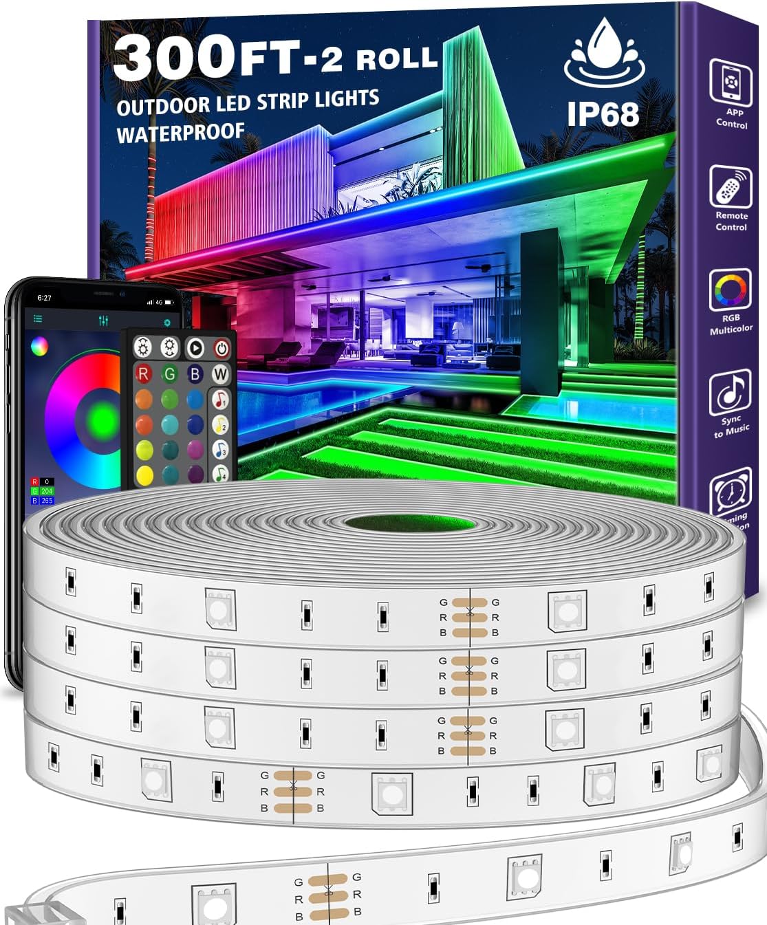 Tira de luces LED para exteriores de 300 pies impermeable con parte trasera adhesiva, tiras de luz LED exteriores IP65 impermeables con control