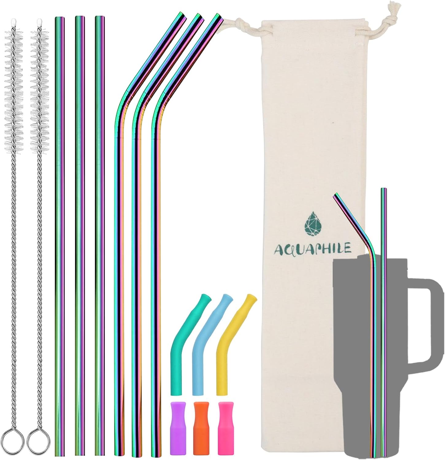 AQUAPHILE Pajitas de acero inoxidable para vaso Stanley de 40 onzas, popote extra largo de 12 pulgadas de repuesto para accesorios de taza Stanley,