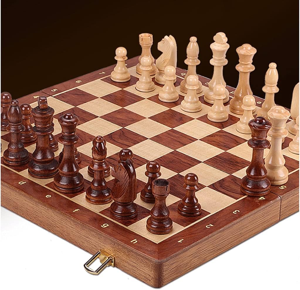 OUSIKA Tablero de ajedrez portátil plegable de madera con piezas de ajedrez de altura King de 4 pulgadas, tablero de ajedrez de madera maciza de