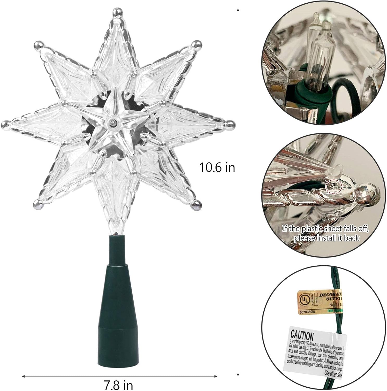 Twinkle Star Decoración para árbol de Navidad iluminada, estrella transparente de 8 puntos con 10 miniluces incandescentes, decoración de árbol de
