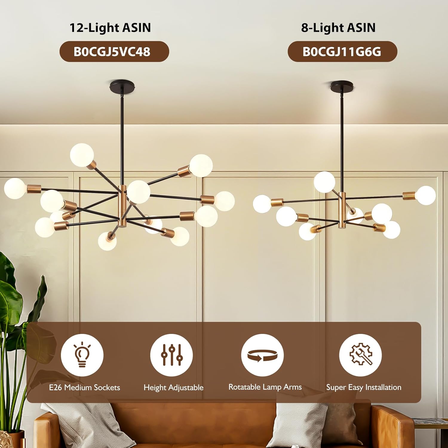 Candelabro Sputnik de 12 luces, lámparas colgantes negras y doradas, moderna lámpara de comedor de granja de latón de mediados de siglo, altura